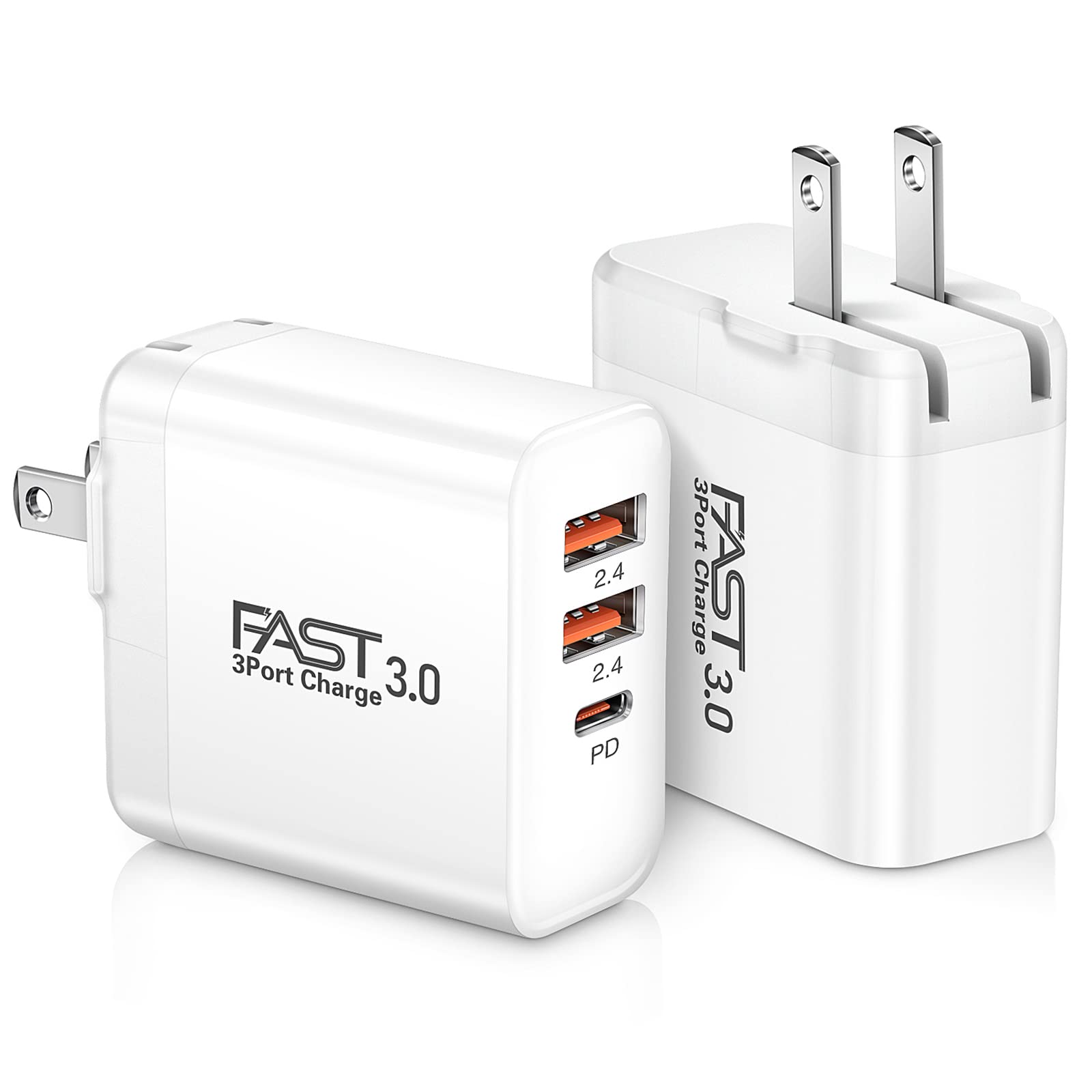 iSeekerKit 30W 3-Port USB C Fast Charger with PD 3.0 & 5V/2.4A, Foldable Wall Charger Block - 2 Pack, Compatible with iPhone 14/13/Pro Max, Samsung Galaxy, Pixel 7 - White | Perfect for Travel, Home & Office Charging