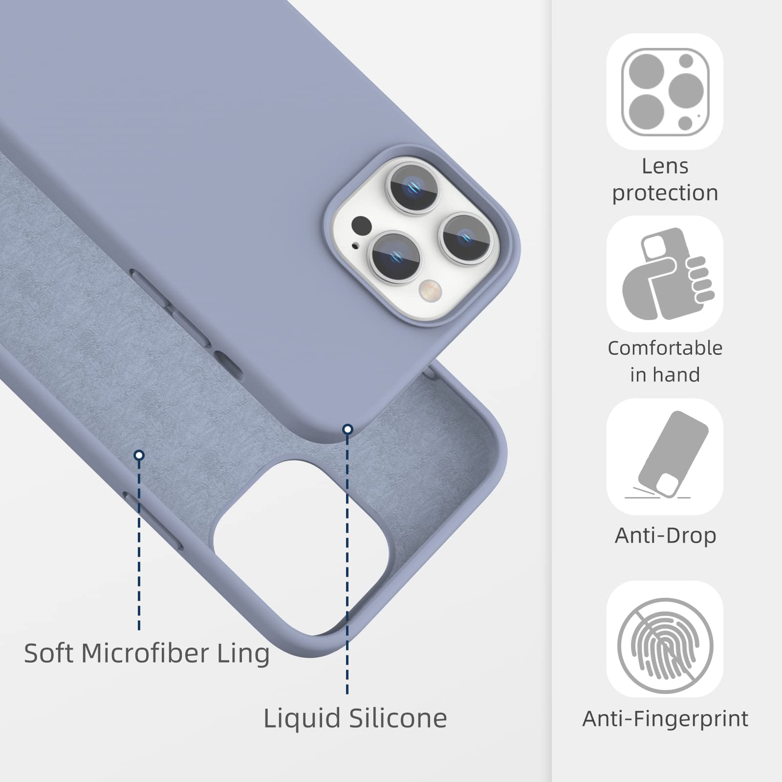 Premium Shockproof & Anti-Scratch Liquid Silicone Case for iPhone 13 Pro Max 6.7 Inch (2021) - Slim Protective Bumper Cover in Lavender Gray | Perfect for Daily Use, Outdoor Activities & Travel Protection