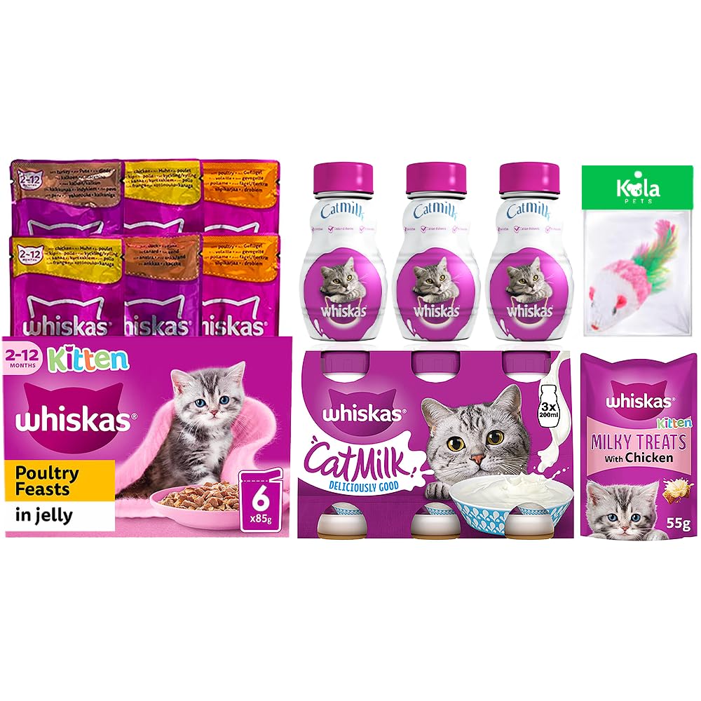Premium Kitten Milk & Food Pouches Bulk Bundle for 2-12 Month Old Kittens - 6x85g Poultry Feast in Gravy, 3x200ml Kitten Milk Bottles, 55g Milky Treats & Koala Pet Toy - Ideal for Weaning, Feeding & Playtime