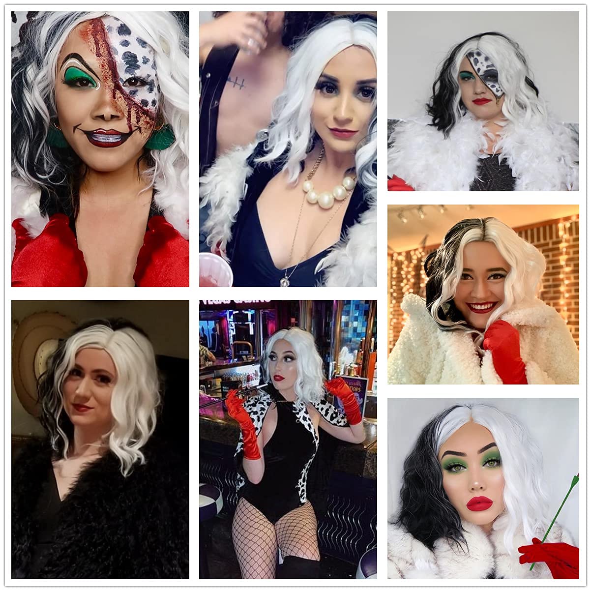 Black and White Cruella De Vil Costume Wig for Women - 1920s Style Bob Wig with Red Gloves, Synthetic Cosplay Wig for Halloween & Themed Parties (Wig R028)