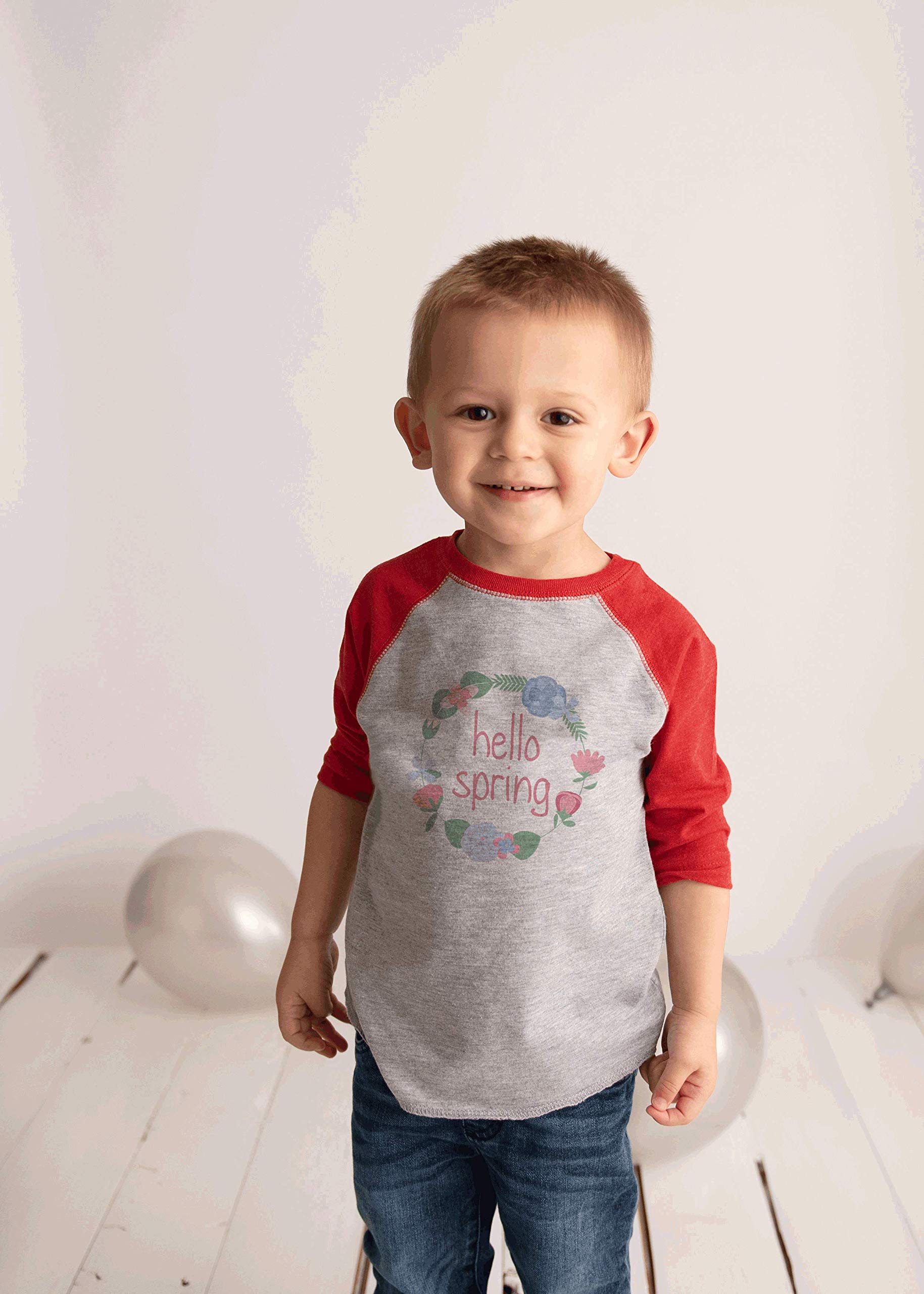 7 ate 9 Apparel Kids Hello Spring Red Raglan T-Shirt - Comfortable Short Sleeve Top for Boys & Girls - Perfect for Spring Outfits, Playdates & Family Photos