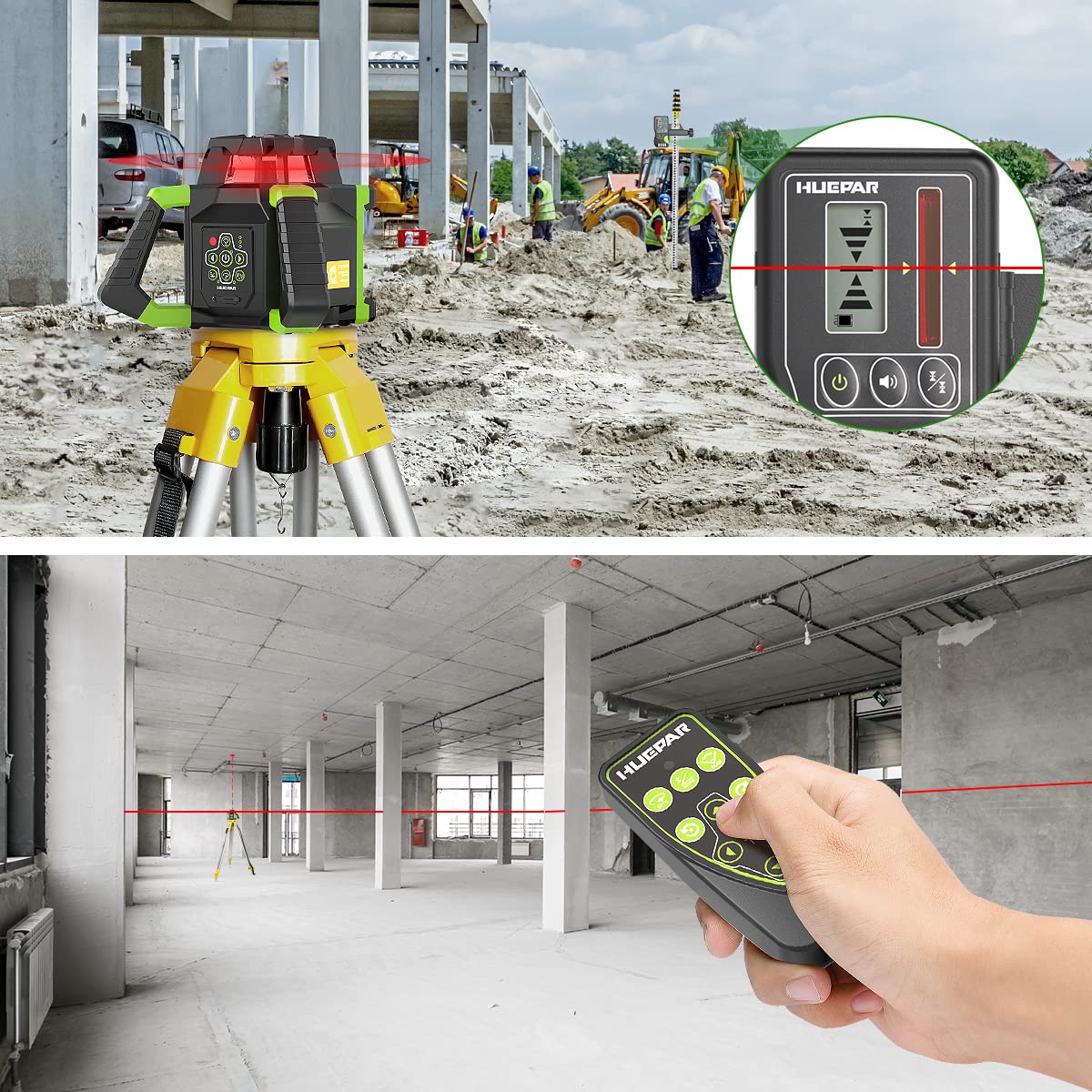 Huepar RL300HR Self-Leveling 360° Rotary Laser Level Kit with Receiver, Protective Glasses, Li-ion Battery & Hard Case - Horizontal Laser Beam for Indoor/Outdoor Construction, Flooring, Tile Installation & Landscaping Projects