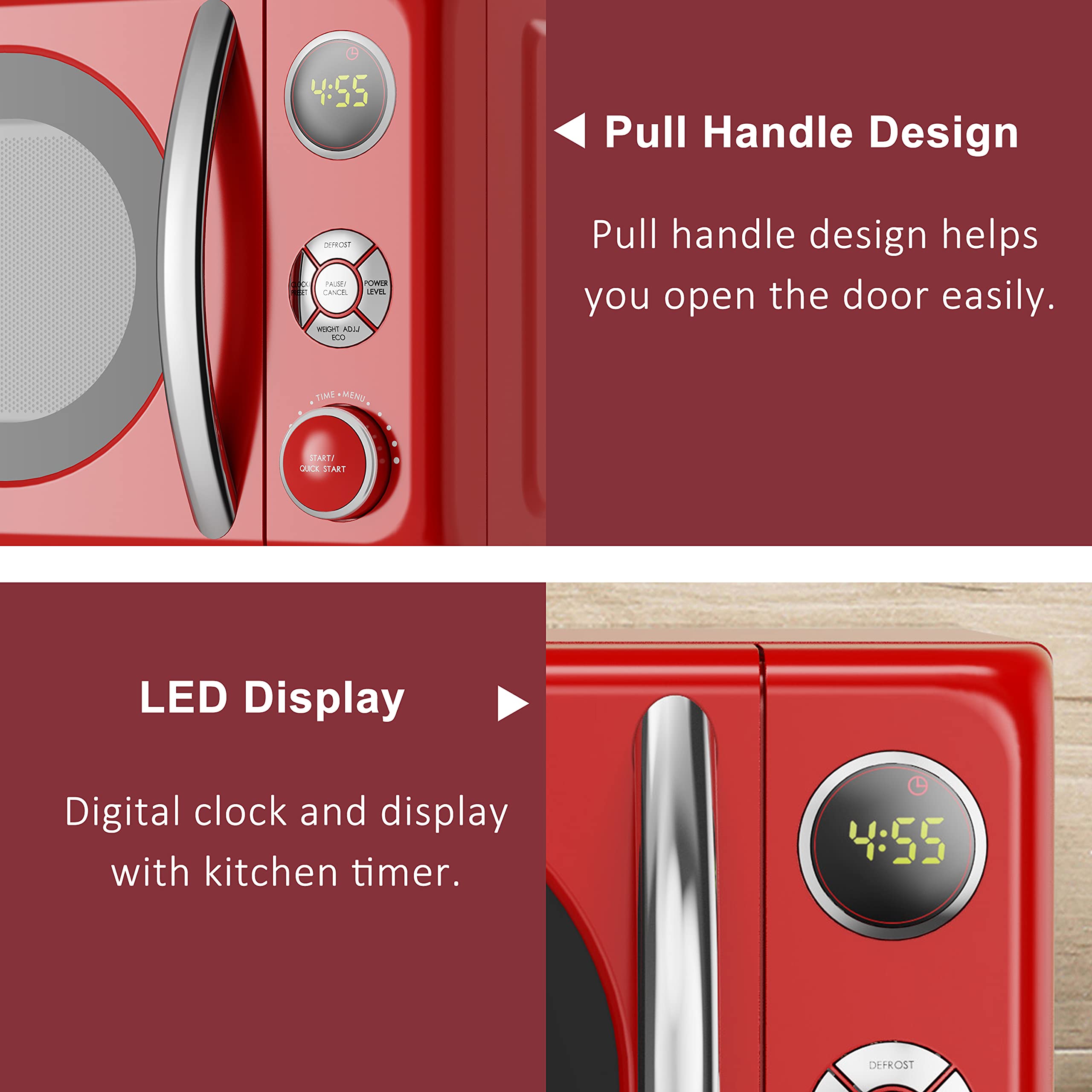 Galanz GLCMKA07RDR-07 0.7 Cu.Ft Compact Microwave Oven with LED Lighting, Pull Handle & Child Lock - Retro Red Design for Small Kitchens, Dorms & Office Break Rooms
