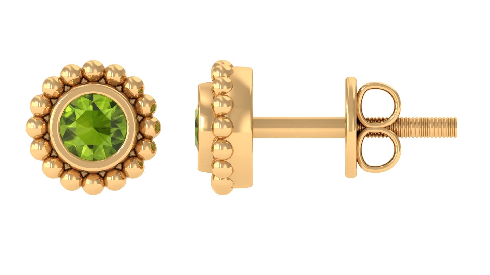 0.25 CT Natural Peridot Solitaire Stud Earrings for Women - 14K Solid Gold Beaded August Birthstone Jewelry - Perfect for Birthdays, Anniversaries & Special Occasions