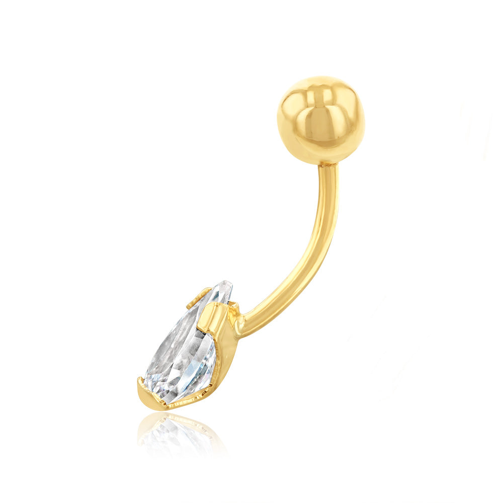 9ct Yellow Gold 8X5mm Pear Shaped Belly Bar - Elegant Navel Piercing Jewelry for Women, Perfect for Parties, Beach & Everyday Wear
