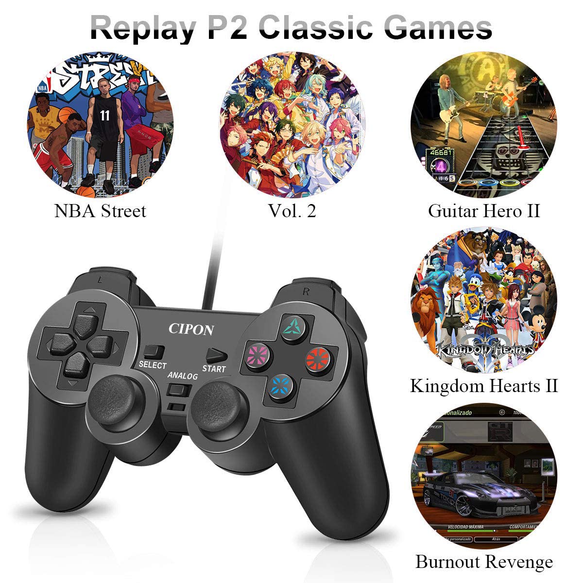 Cipon Wired PS2 Controller - Black Gamepad with 71 Inch Cable for PlayStation 2 Console | Perfect for Retro Gaming, Fighting Games & Multiplayer Sessions