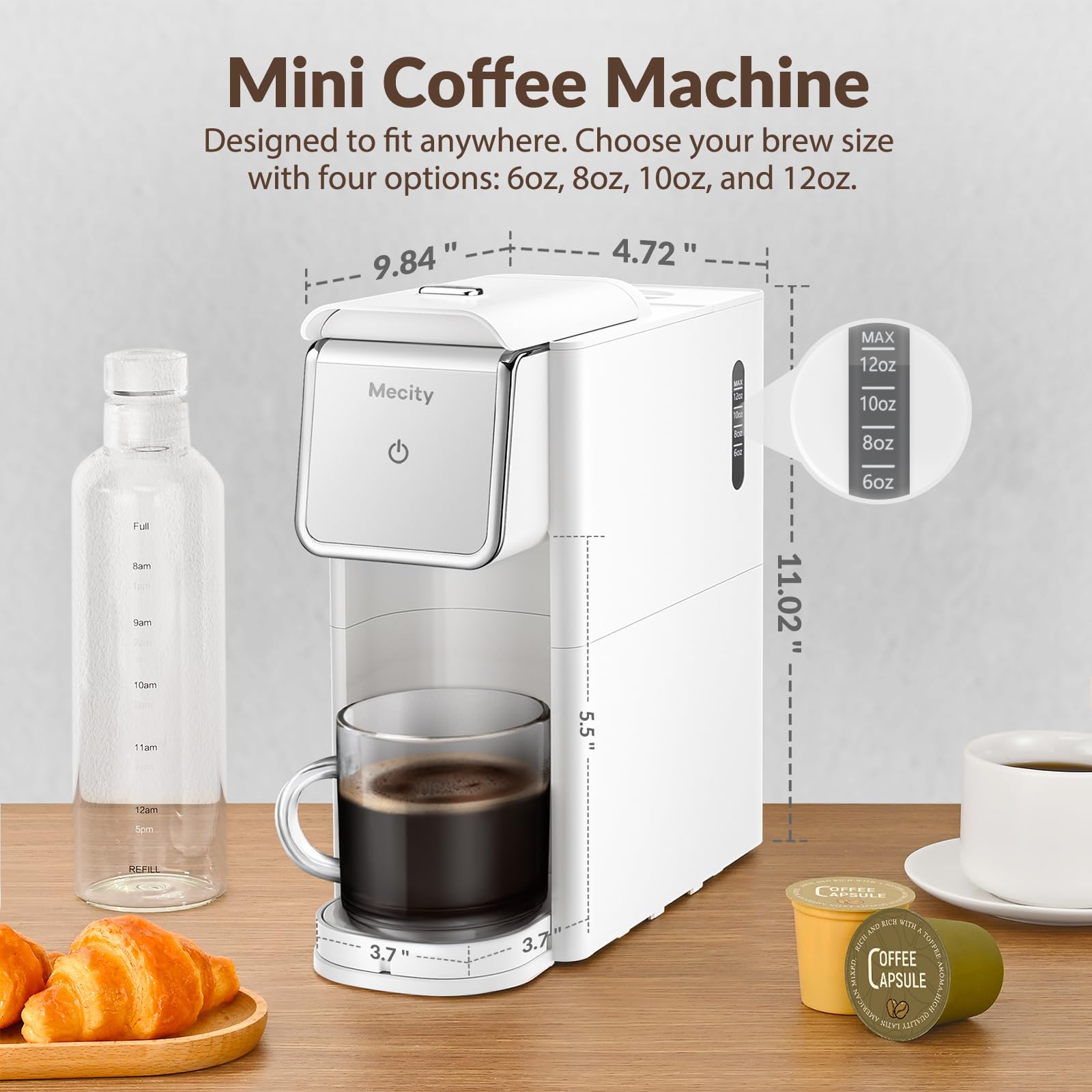 Mecity Mini Single Serve Coffee Machine - Compatible with K-Cup Capsules, Ground Coffee & Loose Tea - 1000W Compact Coffee Maker for Home, RV, Apartment - Auto Shut Off, 120V, White - Perfect for Small Kitchens, Office Desks & Travel