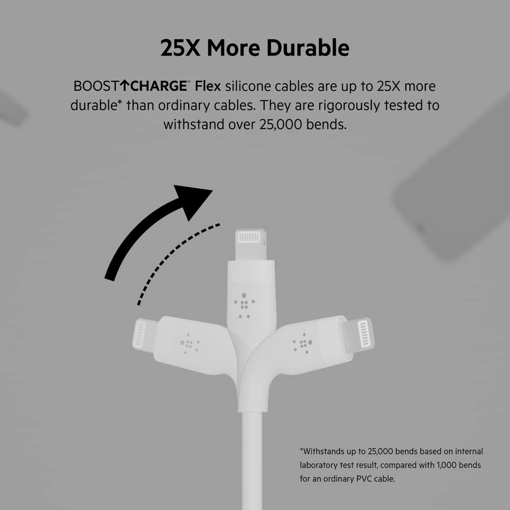 Belkin BoostCharge Flex Silicone USB-A to Lightning Cable (6.6FT/2M) - MFi Certified iPhone Charger for iPhone 14/13/12/11/X/8 & More - Durable & Tangle-Free with Cable Clip - Perfect for Home, Office & Travel - White