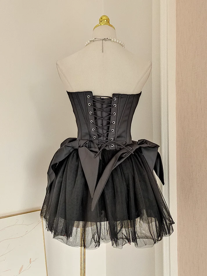Elegant A-Line Strapless Black Satin Mini Dress for Birthday Party | J5665 | Perfect for Cocktail Events, Evening Parties & Special Occasions