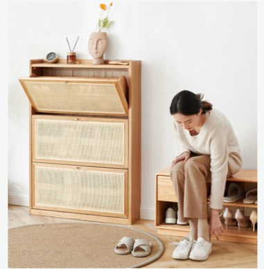 Oak Solid Wood Ultra Thin Flap Door Rattan Shoe Cabinet - Space Saving Entryway Storage Organizer for Hallway, Closet & Mudroom