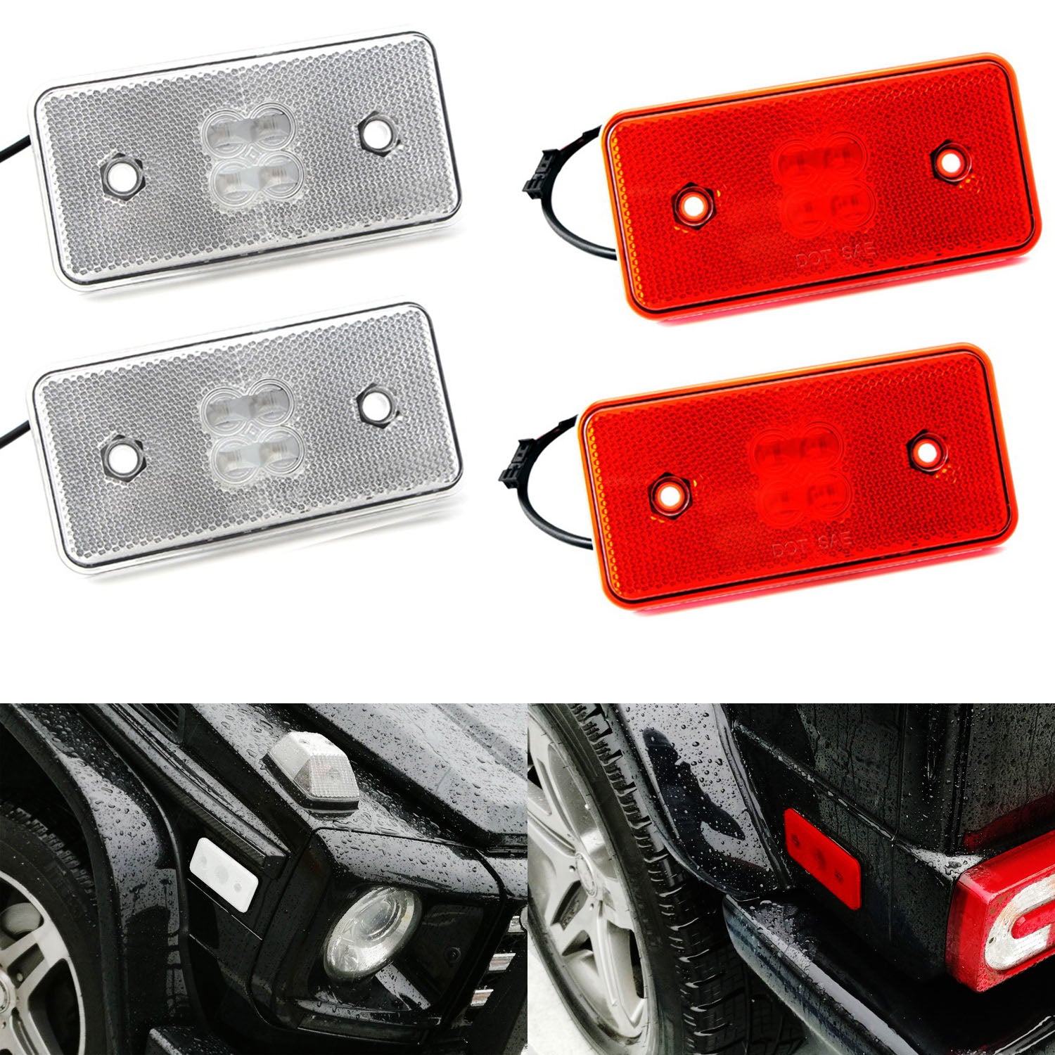 4-Piece Clear/Red Lens Amber/Red LED Side Marker Lights for 2015-2018 Mercedes G Class - Enhanced Visibility & Style for Off-Road & Night Driving