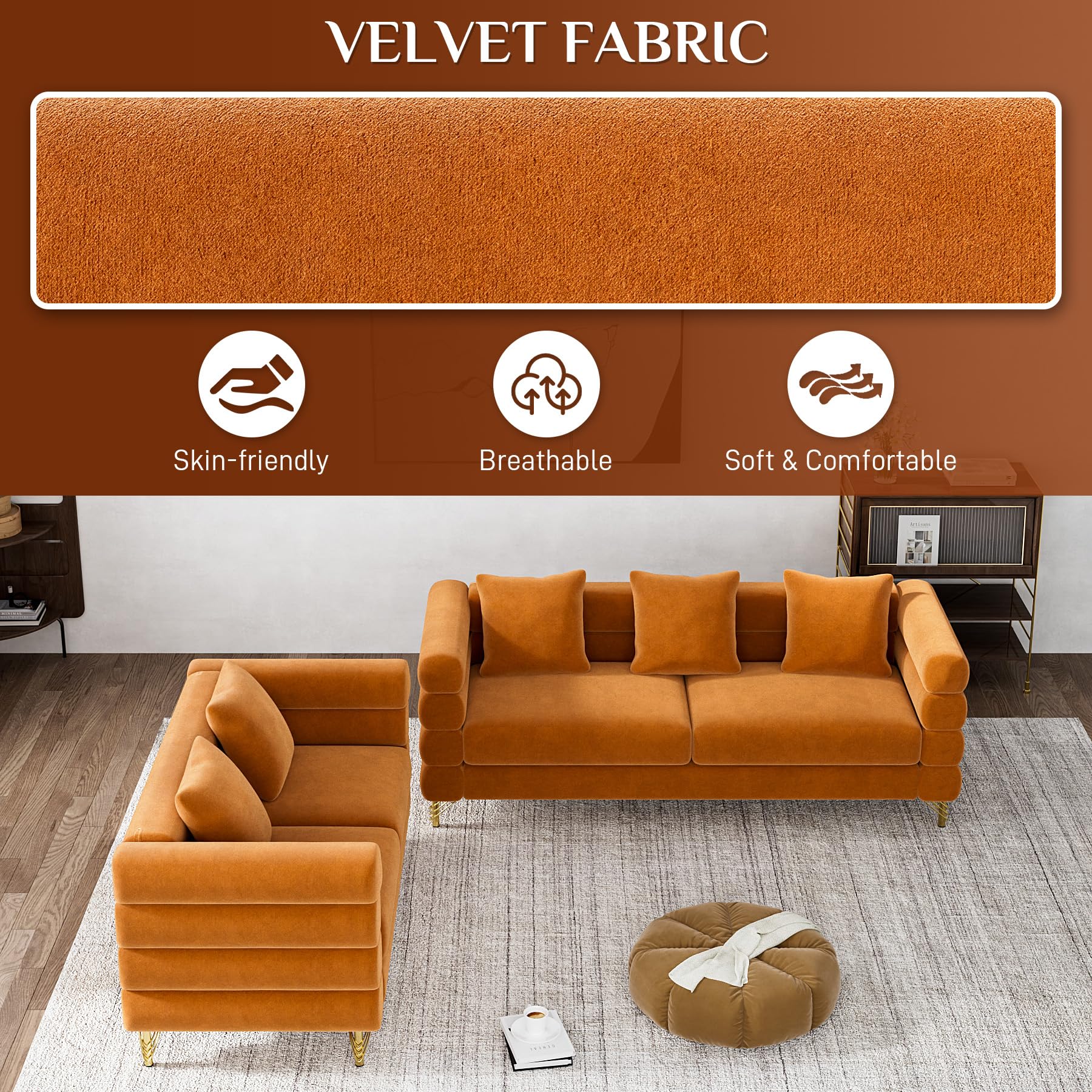 Modern Velvet Sofa and Loveseat Set - Overstuffed Deep Seat Cloud Couch with 5 Pillows, Oversized Chesterfield Furniture for Living Room & Bedroom (Orange) - Perfect for Small Spaces, Apartments and Cozy Home Decor