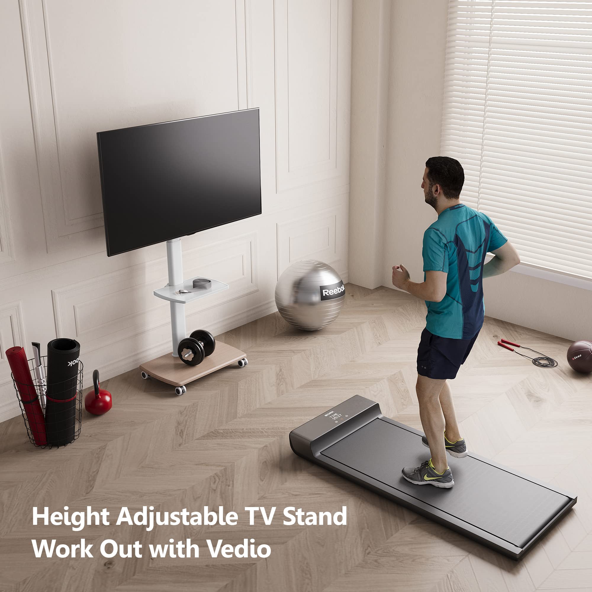 FITUEYES Universal Mobile TV Stand for 32-70 Inch Flat/Curved Screens up to 88lbs - Adjustable Height Rolling TV Cart with 600x400mm VESA - Perfect for Living Room, Bedroom & Home Office (White)