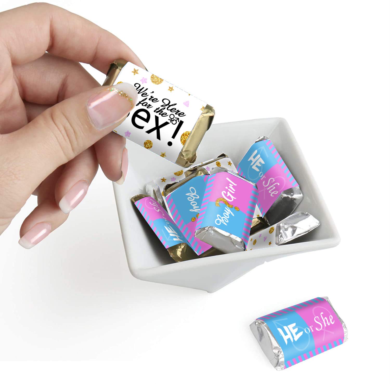 Gender Reveal Party Mini Candy Bar Wrappers - Baby Shower Favors (45pcs) - Blue & Pink Stickers for He or She Celebration - Perfect for Gender Announcement, Baby Showers & Birthday Parties
