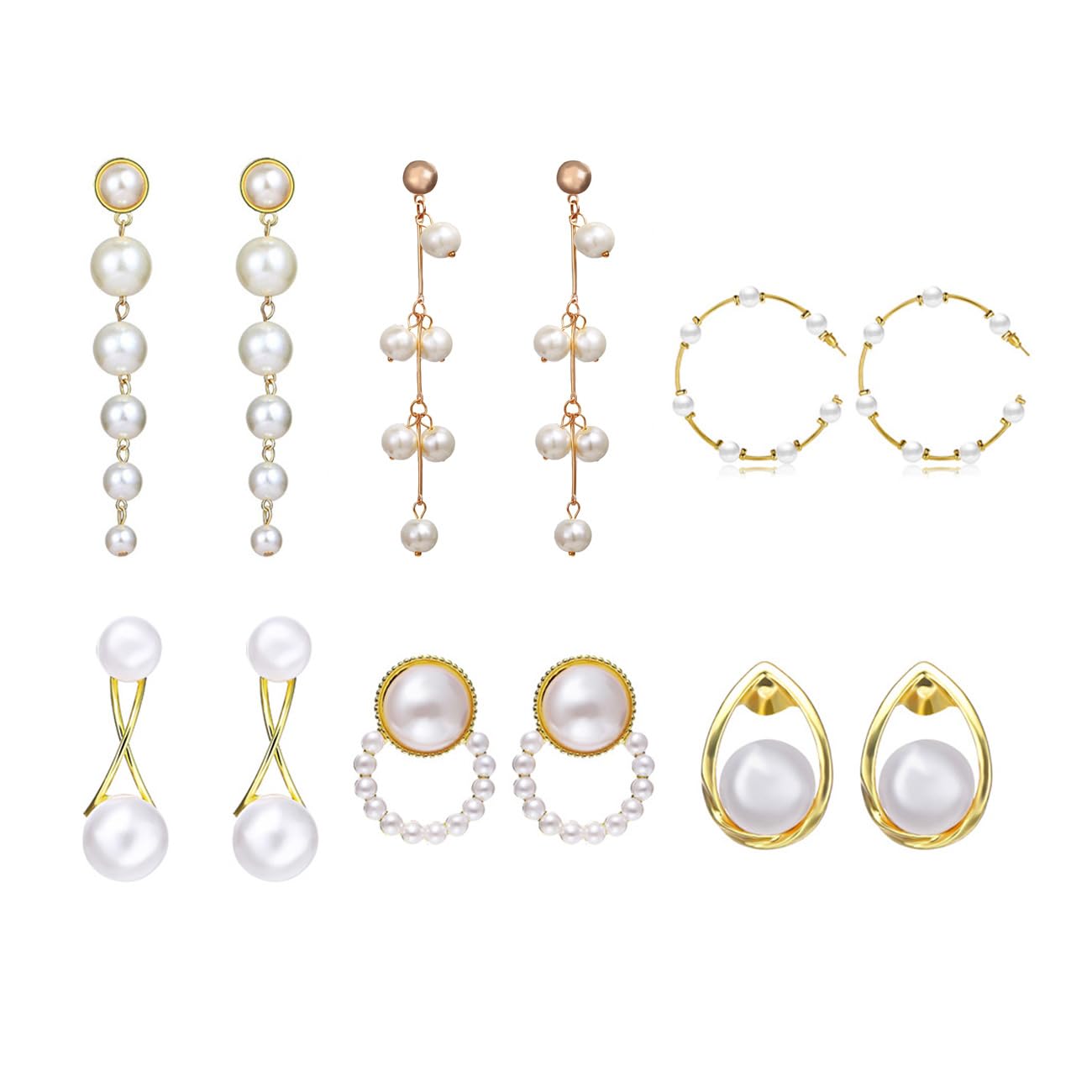 FDEETY 6 Pairs Pearl Earrings Set for Women - Long Tassel Drop Dangle Earrings, Tiny Chain Pearl Jewelry, Boho Fashion Accessories - Perfect Gift for Birthday, Wedding & Party Occasions