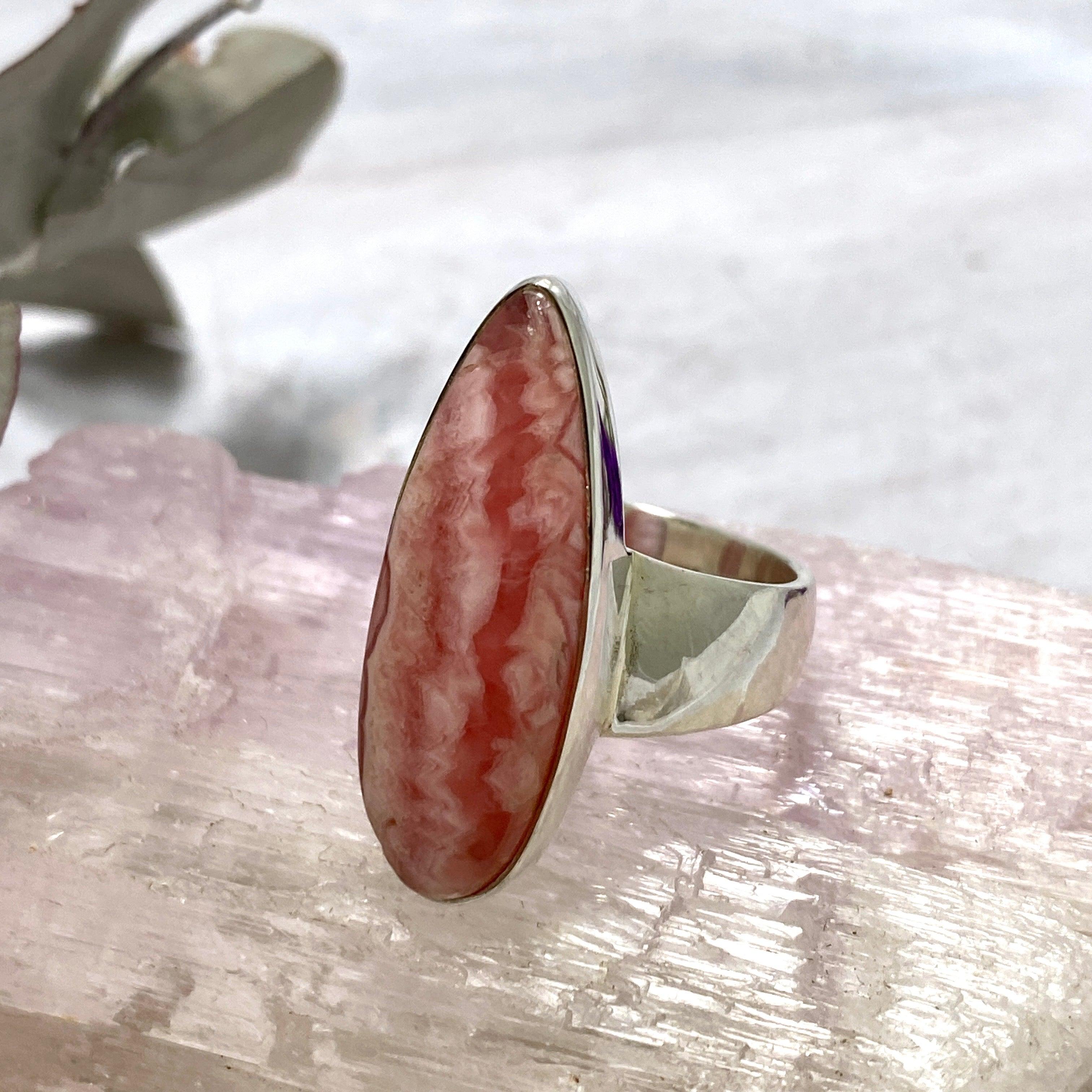 Rhodochrosite Teardrop Ring - Sterling Silver 925 (KRGJ2558) for Women, Elegant Gemstone Jewelry Gift for Birthday, Anniversary & Special Occasions