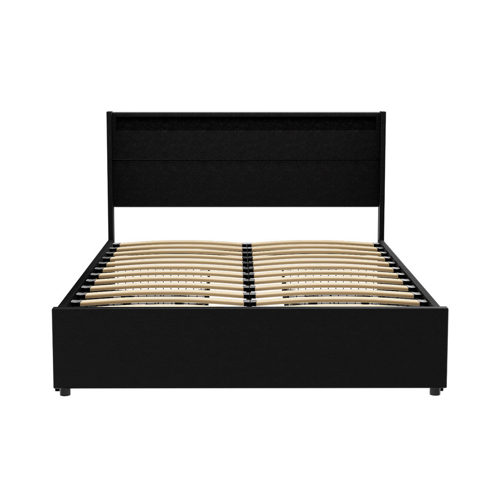 Dunelight LED Double Bed Frame with 4 Storage Drawers - Black | Modern Platform Bed with Underbed Storage & Ambient Lighting | Perfect for Small Bedrooms, Apartments & Guest Rooms
