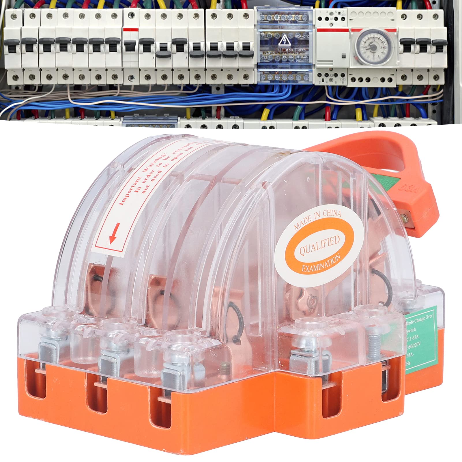 63A AC380V 3 Pole Disconnect Knife Switch with LED Indicator - Transparent Safety Switch for Generator & Power Supply Control - Industrial Electrical Safety Equipment for Power Distribution & Emergency Shutoff