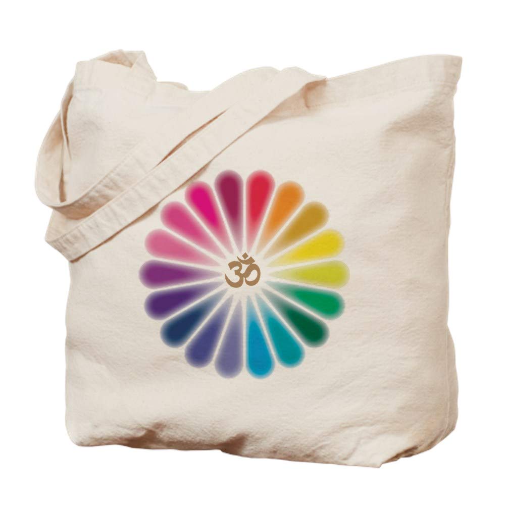 Om Rainbow Flower Tote Bag - Natural Canvas Reusable Shopping Bag for Yoga, Beach & Grocery | Eco-Friendly Cotton Tote with Spiritual Design