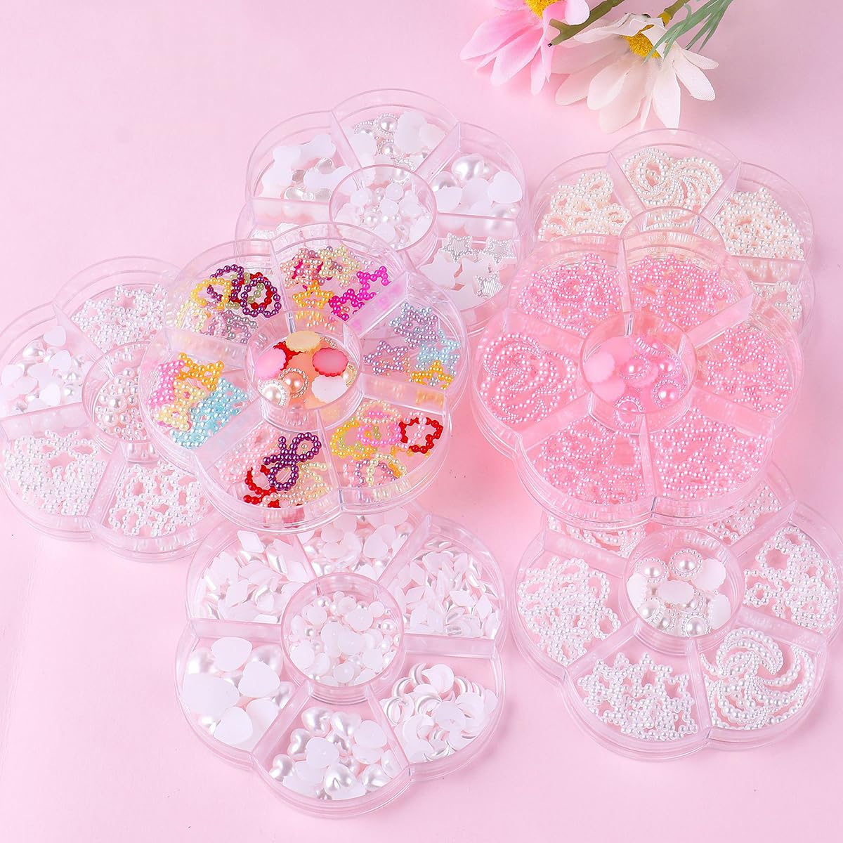 200 Pcs/Set 3D Multi-Shaped Nail Charms Flatback Pearls - White Heart Star Moon Rhinestone Gems for Nail Art, DIY Crafts & Decoration | Perfect for Nail Salons, Home Manicures & Gift Giving