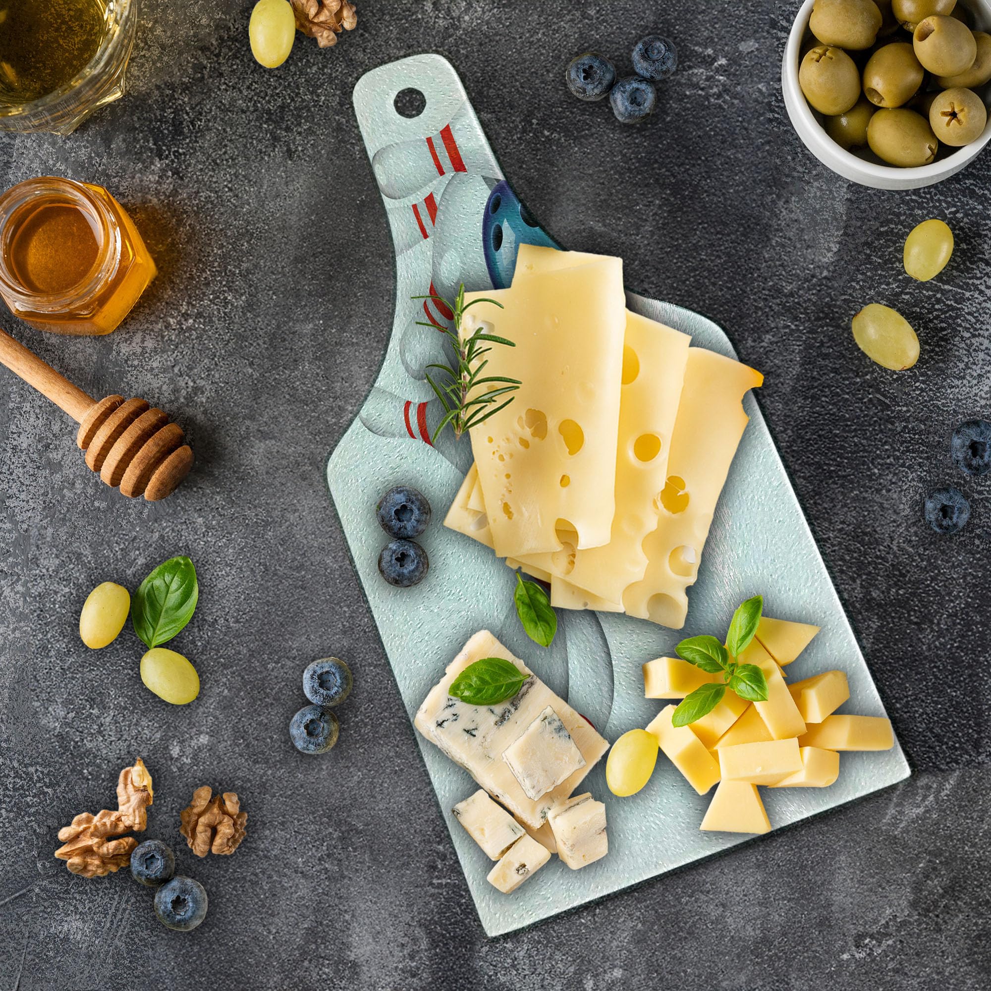 Ambesonne Bowling Party Tempered Glass Cutting Board - Wine Bottle Shape with Thrown Ball & Scattered Pins Design in White, Pale Blue & Red | Perfect for Serving Charcuterie, Cheese & Wine at Bowling-Themed Parties & Game Nights