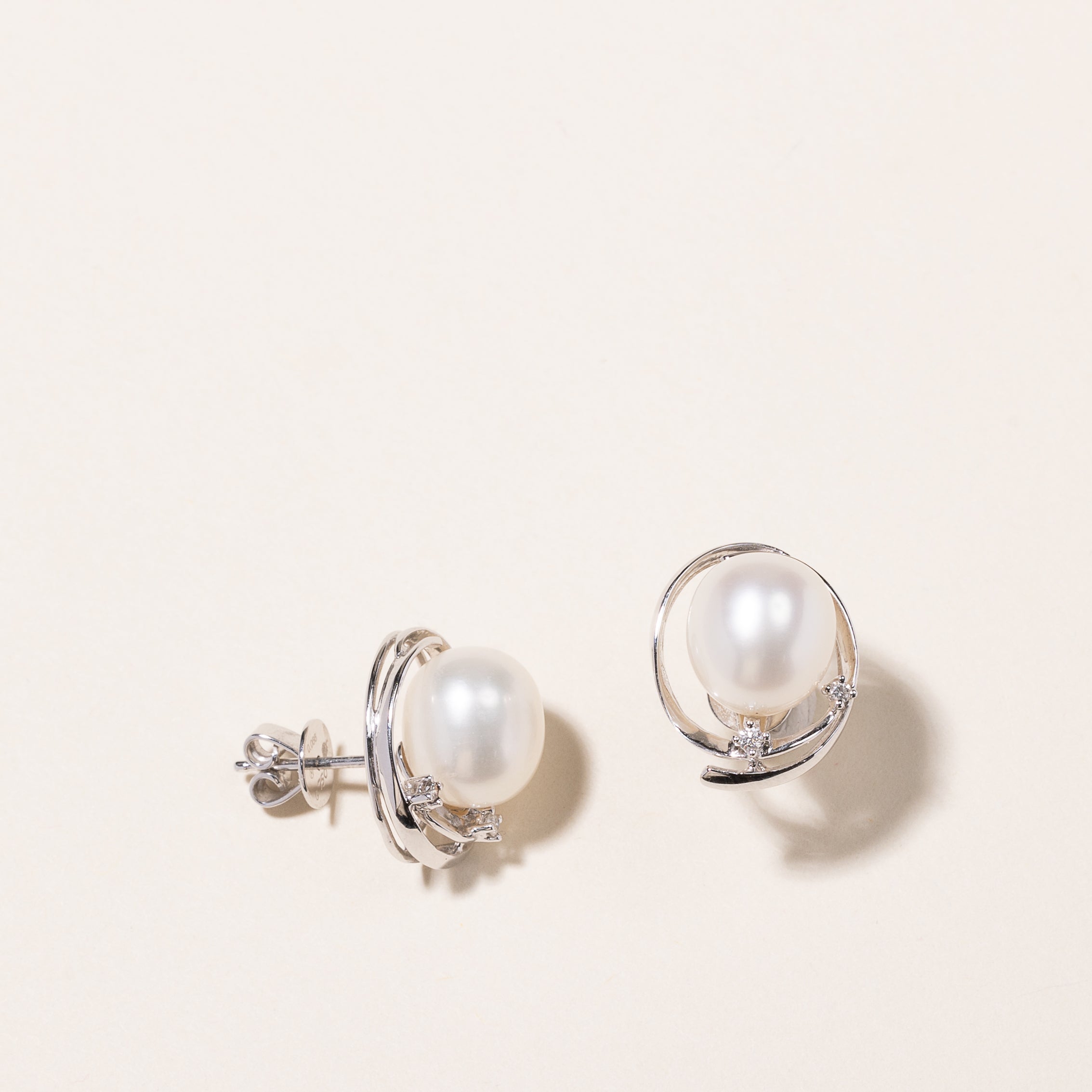 Mikimoto 18k White Gold Pearl & Diamond Stud Earrings | 10.70-9.50mm Freshwater Pearls, 0.06ctw Diamond Accents | Luxury Jewelry for Women, Perfect Gift for Weddings & Anniversaries