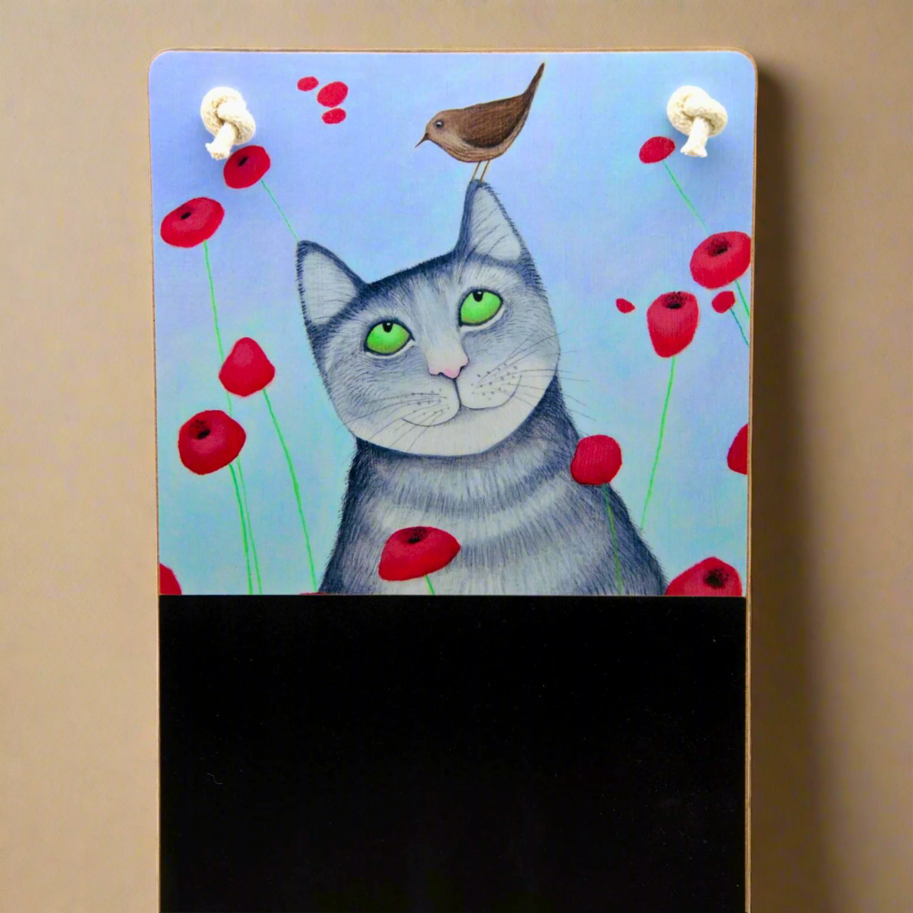 Adorable Grey Cat & Bird Hanging Chalkboard - 17.5cm x 37cm (6.9