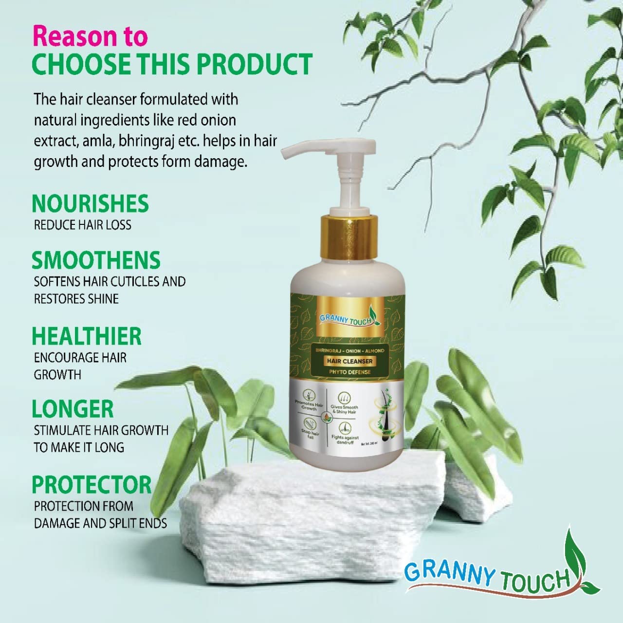 GRANNY TOUCH Onion Shampoo for Hair Growth & Hair Loss Prevention - Red Onion Seed Oil, Amla & Bhringraj Extract (200ml) | Strengthens Hair, Reduces Breakage | Perfect for Daily Use & Damaged Hair Care