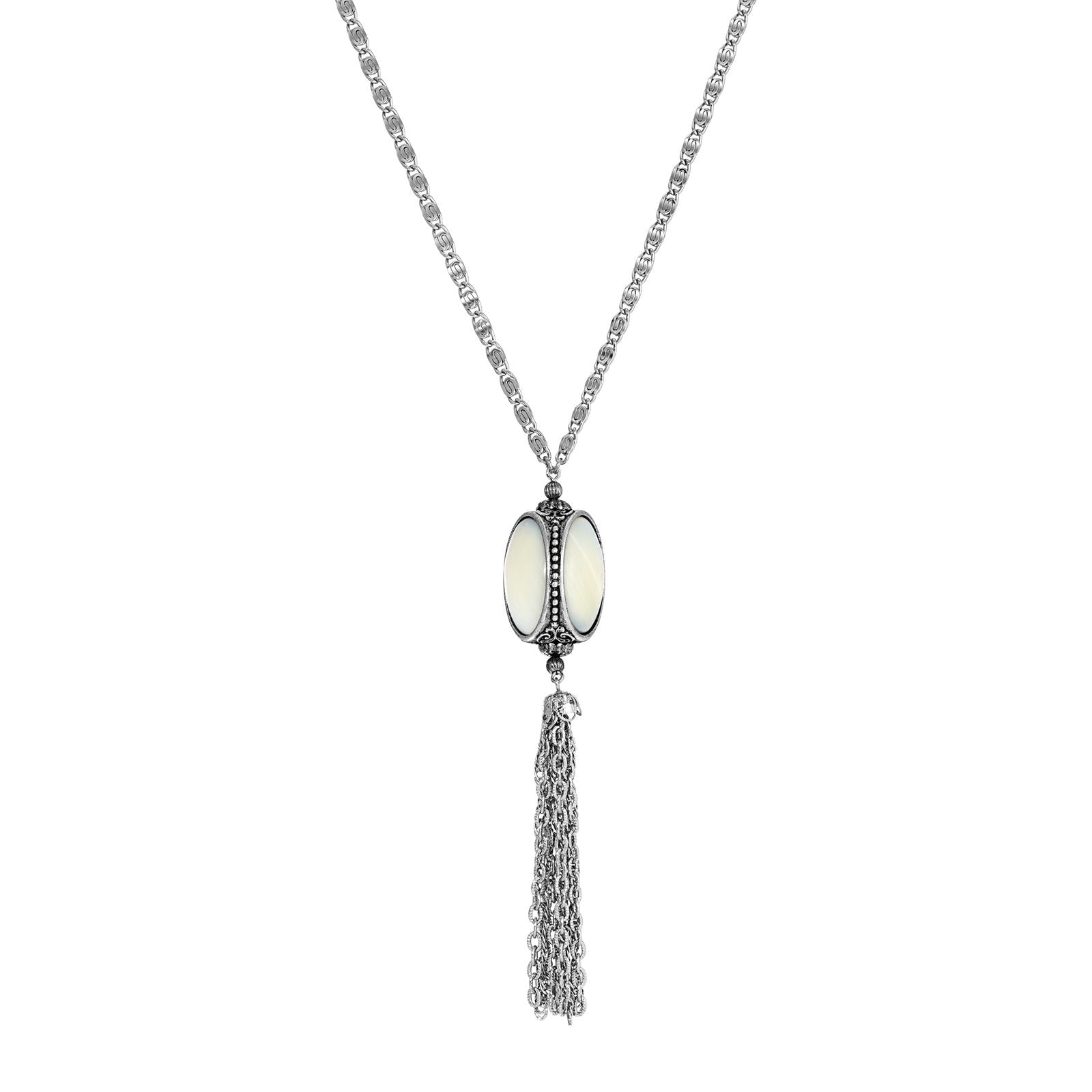 1928 Jewelry Pewter Costume Mother of Pearl 3-Sided Spinner Tassel Necklace - 30