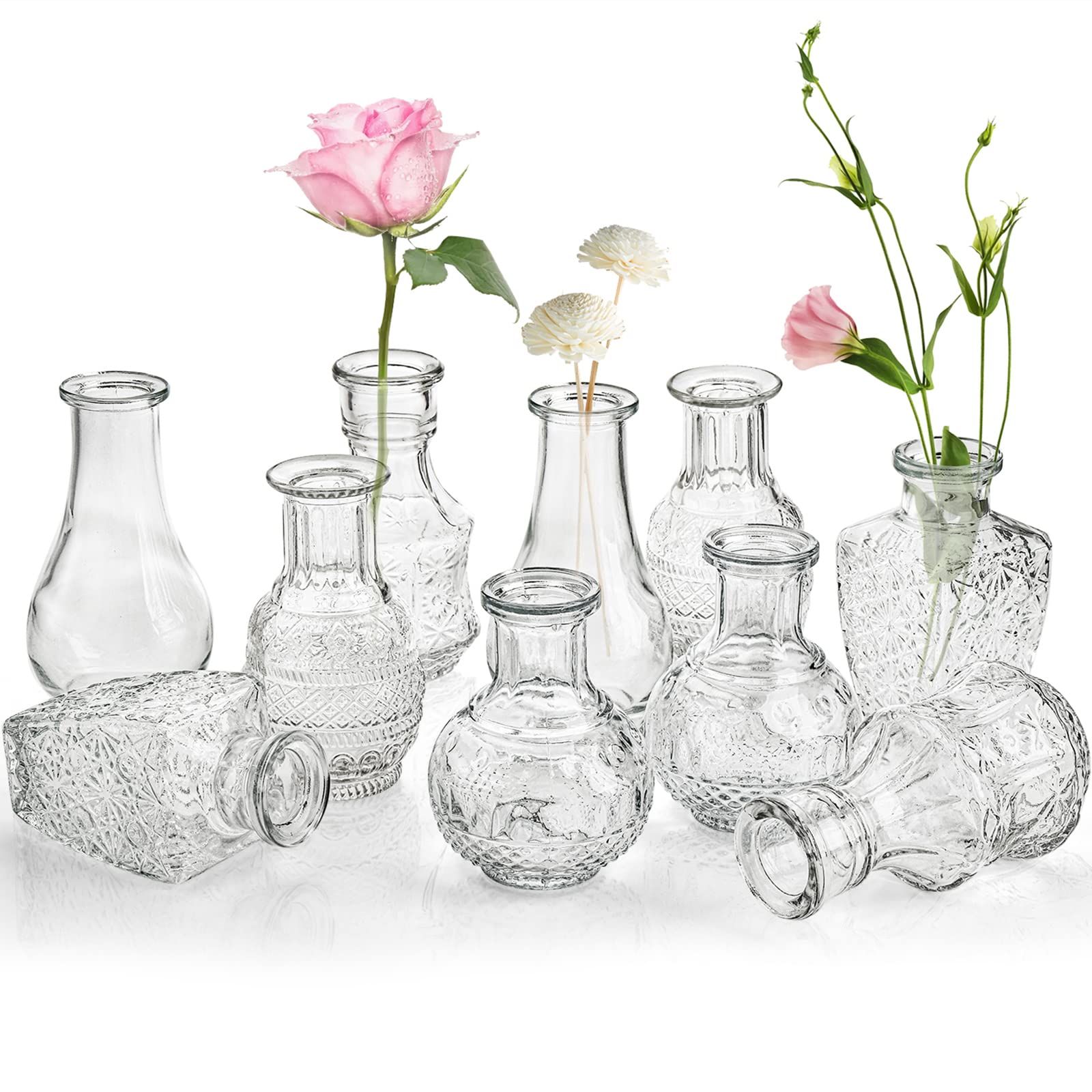 DEAYOU 10-Pack Clear Glass Bud Vases - Small Floral Centerpiece Vases for Wedding Decor, Home Table Decorations, Tea Party & Gift Ideas - Perfect for Roses, Succulents & DIY Flower Arrangements