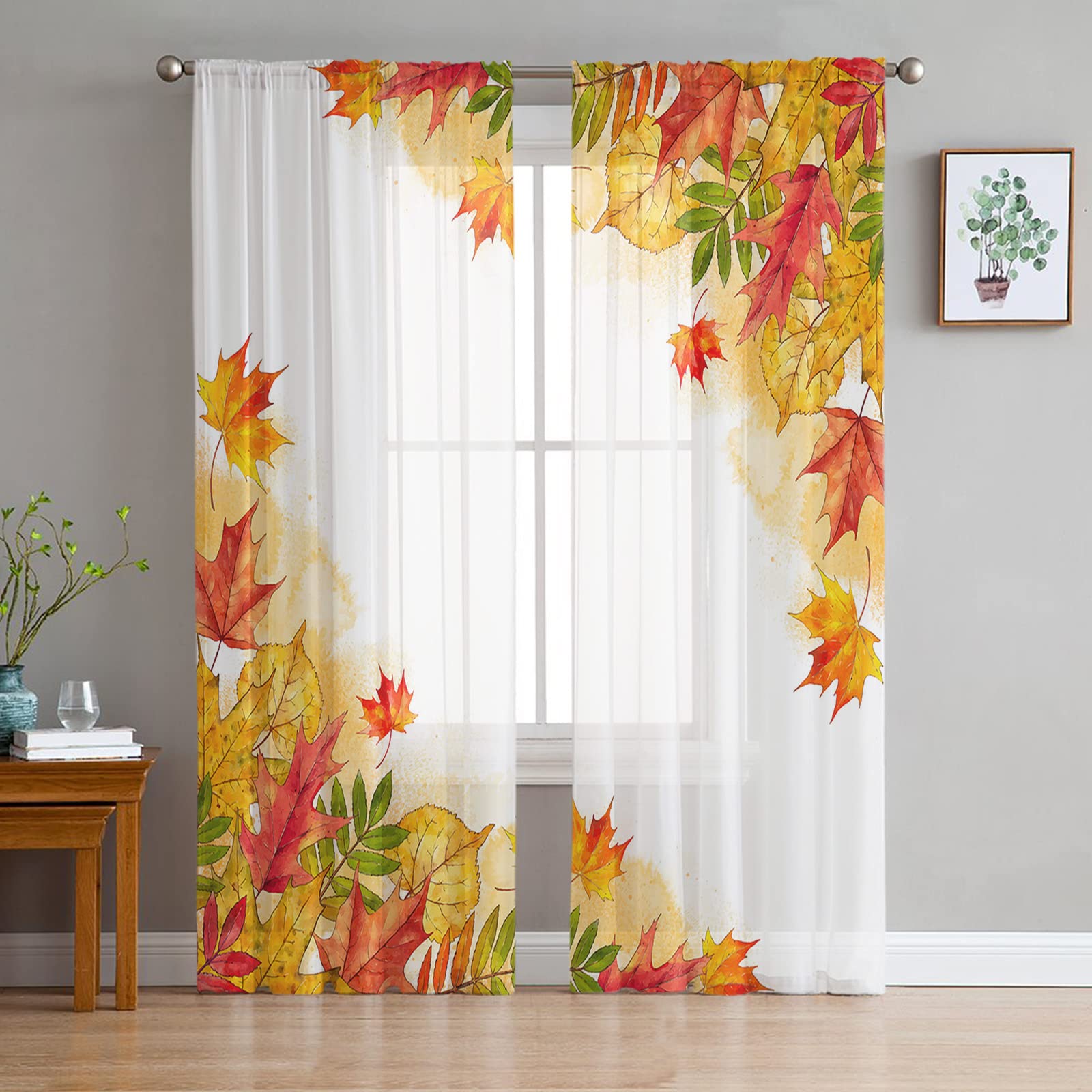 72 Inch Sheer Maple Leaf Curtains - Rod Pocket Voile Drapes for Living Room & Bedroom | Watercolor Orange Chiffon Window Panels | Autumn Thanksgiving Home Decor for Cozy Fall Ambiance