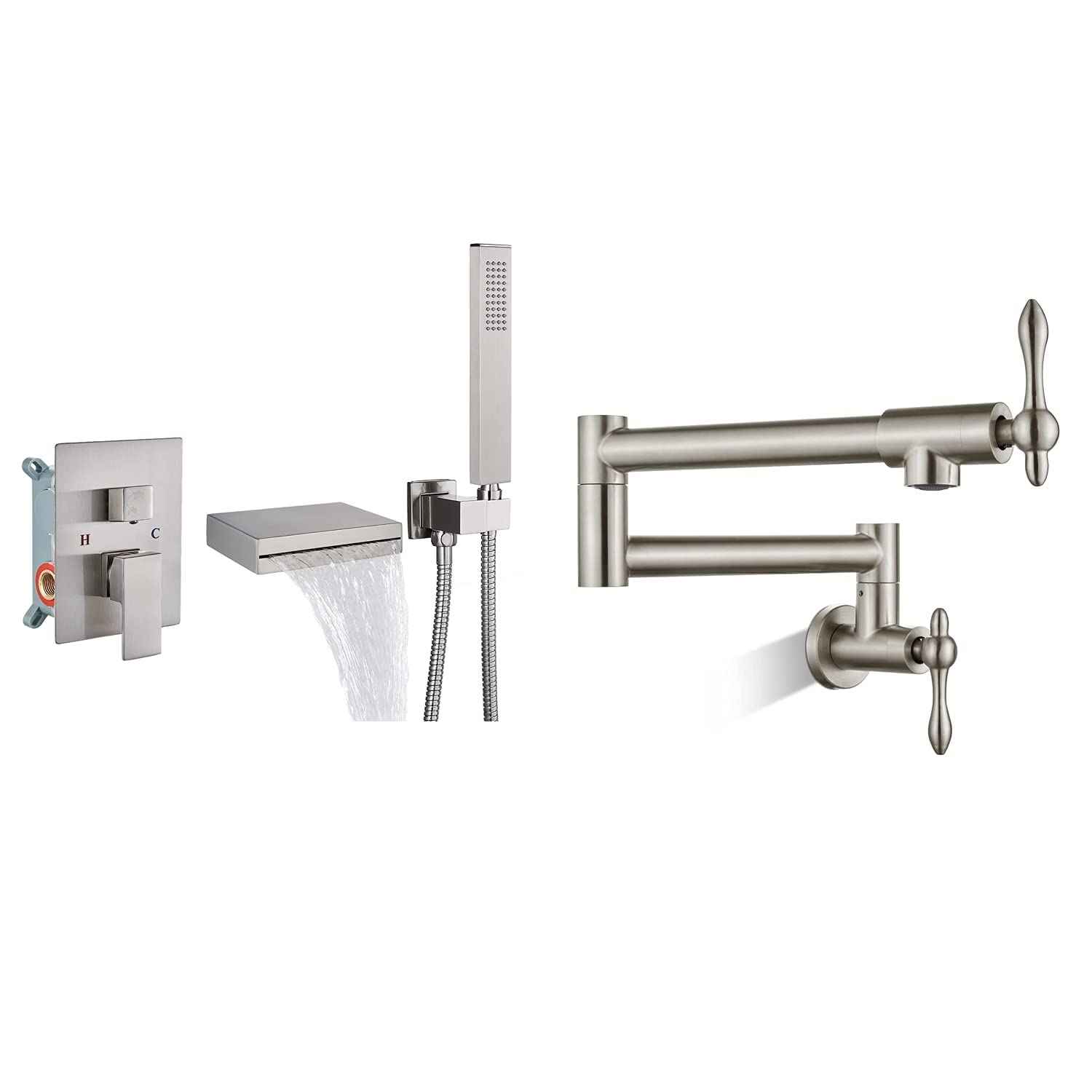 Wall Mount Waterfall Tub Filler with Handheld Shower - Single Handle Bathtub Faucet Set in Brushed Nickel - Stainless Steel Wall-Mounted Folding Design for Kitchen & Restaurant Sink - Perfect for Spa-Like Bathrooms and Commercial Use