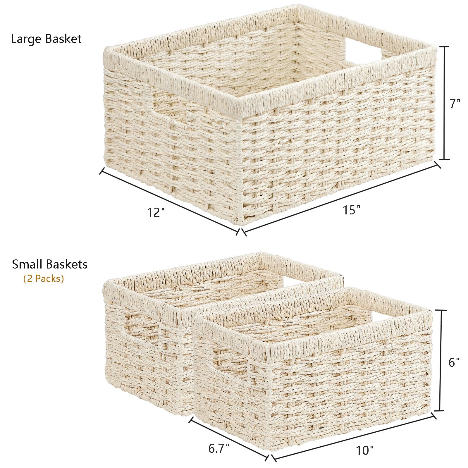 Vagusicc 6-Piece Woven Paper Rope Storage Basket Set - Large Cube Organizer Bins for Shelves, Bathroom, Living Room & Bedroom - Beige Wicker Baskets for Toilet Paper, Toys, Blankets & Home Organization