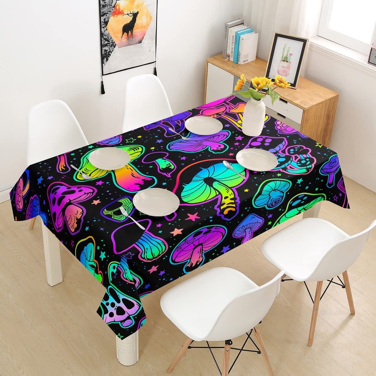 Trippy Mushroom Tablecloth - Gothic Star Sky & Wild Plants Bohemian Waterprint Design, 55