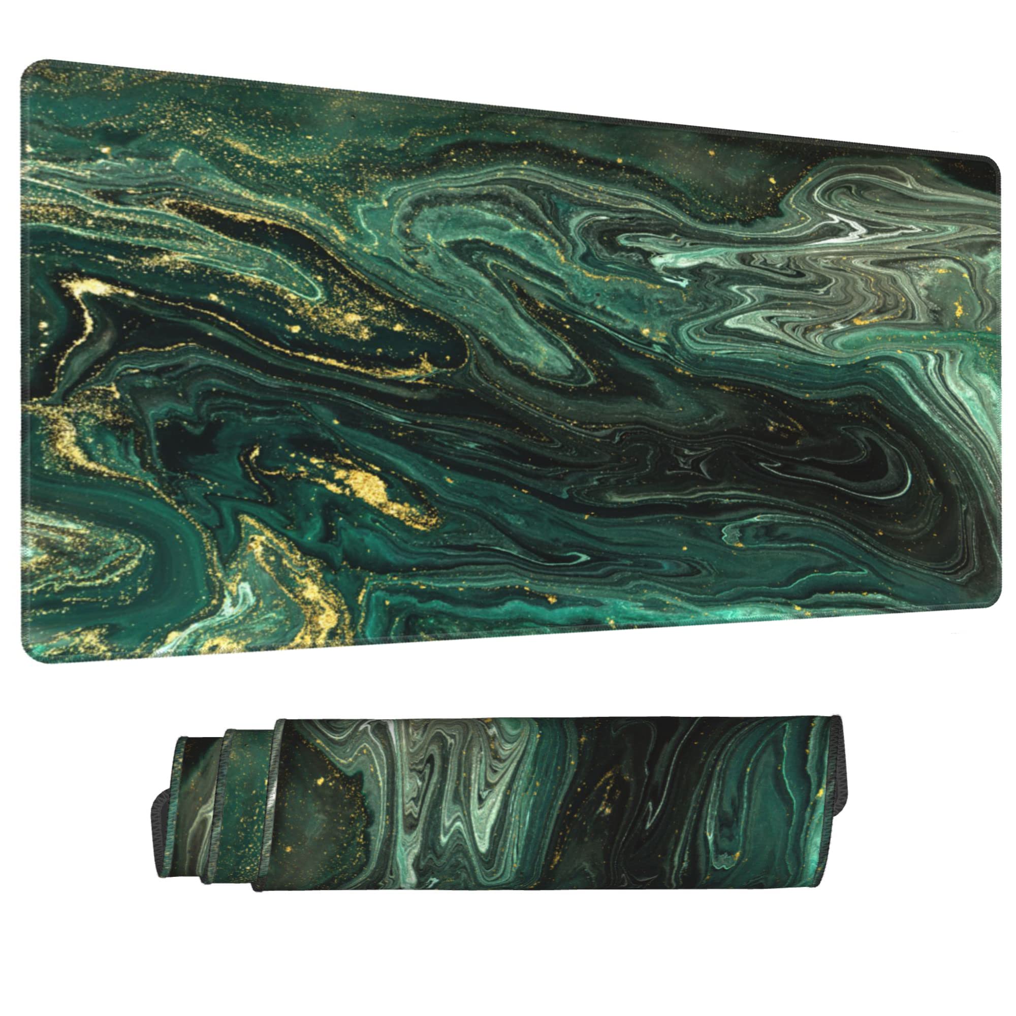 Premium Green Gold Liquid Marble Extended Gaming Mouse Pad - Non-Slip Rubber Base with Stitched Edges (31.5x15.7 Inch) for Office Work, PC Gaming & Computer Use - Perfect for Workstations, Gaming Setups & Home Offices