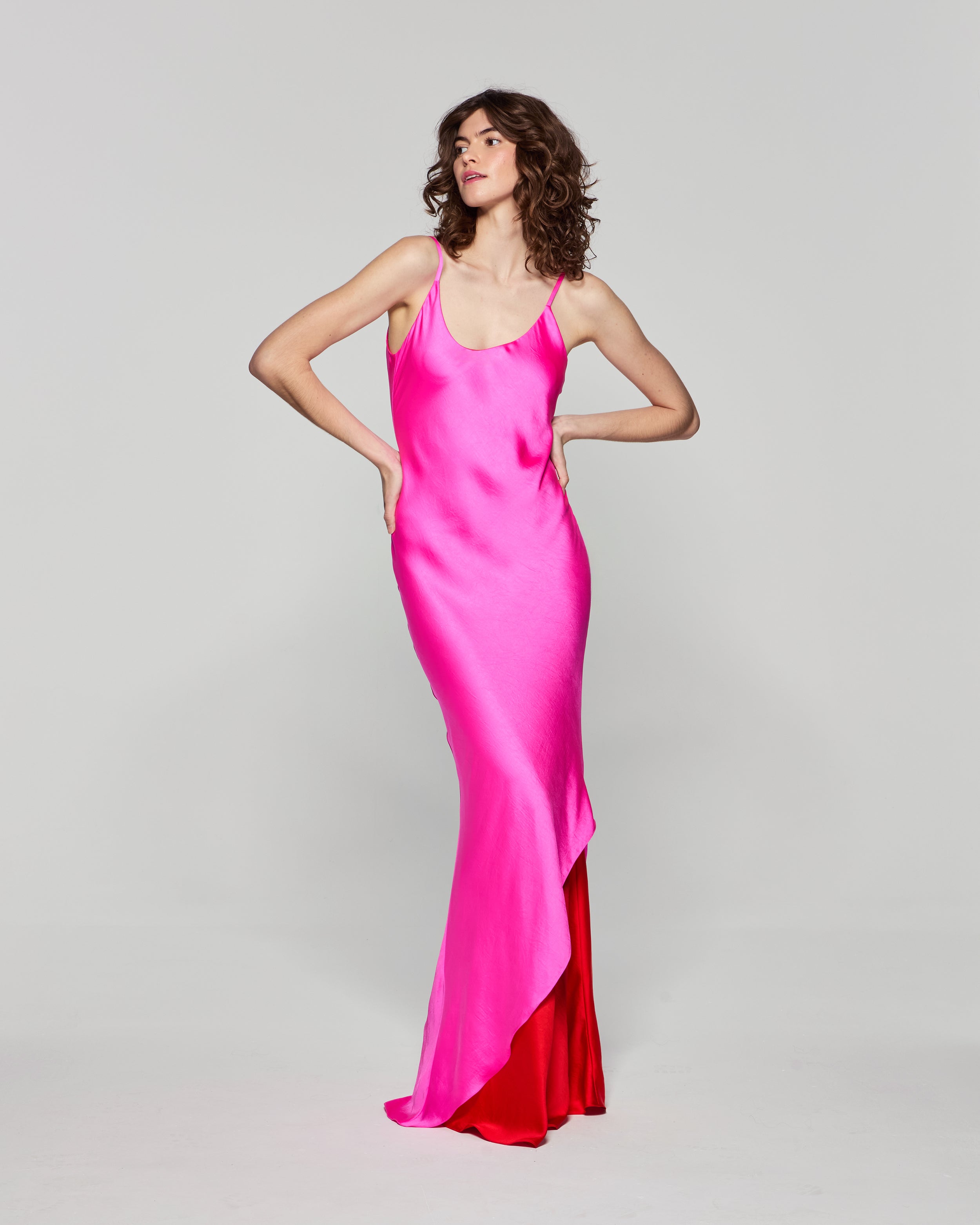 Double Layer Slip Dress for Women - Bright Pink & Red Satin Nightgown, Elegant Loungewear for Sleepwear, Date Night or Special Occasions