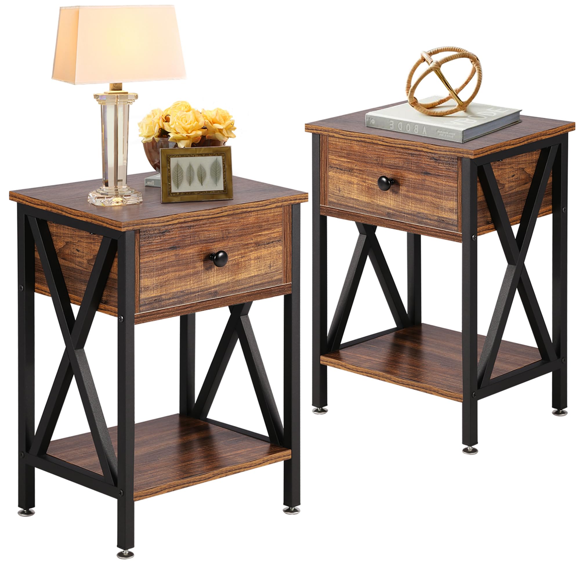 VECELO Modern Nightstand Set of 2 with Drawer & Storage Shelf - Brown End Tables for Bedroom, Living Room, Office & Lounge - Perfect for Small Spaces & Apartment Decor