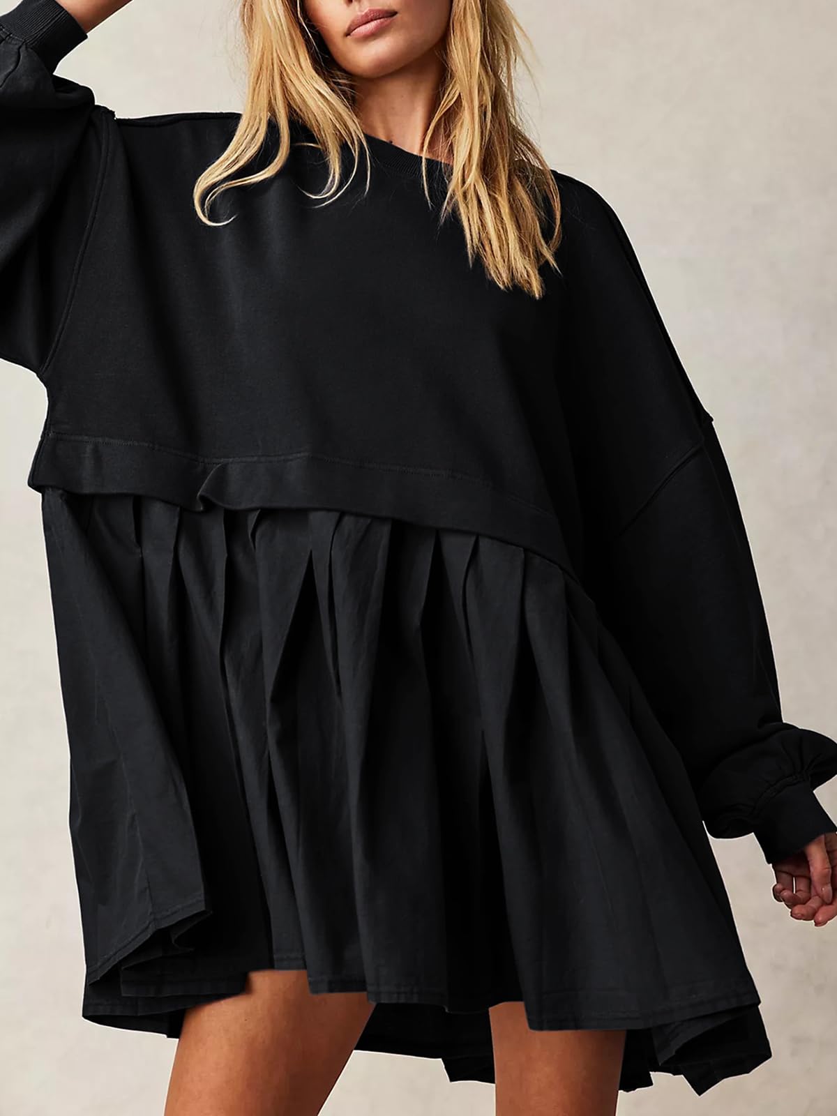 Women's Oversized Patchwork Sweatshirt Dress - Crew Neck Long Sleeve Flowy Pullover Mini Dress | Casual Loungewear, Streetwear Fashion & Cozy Fall Outfit