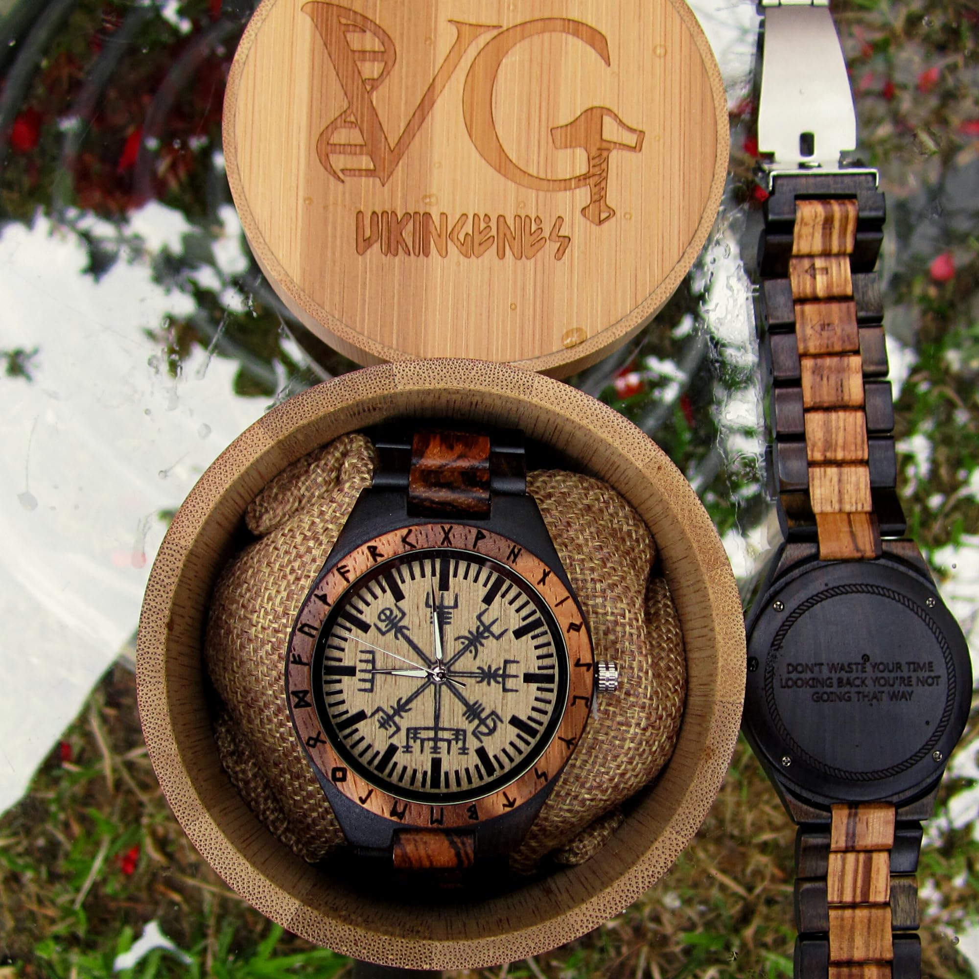 Vikingenes Handmade Wooden Watches for Men – Engraved Personalized Viking Watch, Natural Wood Wristwatch with Chronograph – Luxury Unique Gift for Him – Perfect for Outdoor Adventures, Formal Events & Anniversary Presents