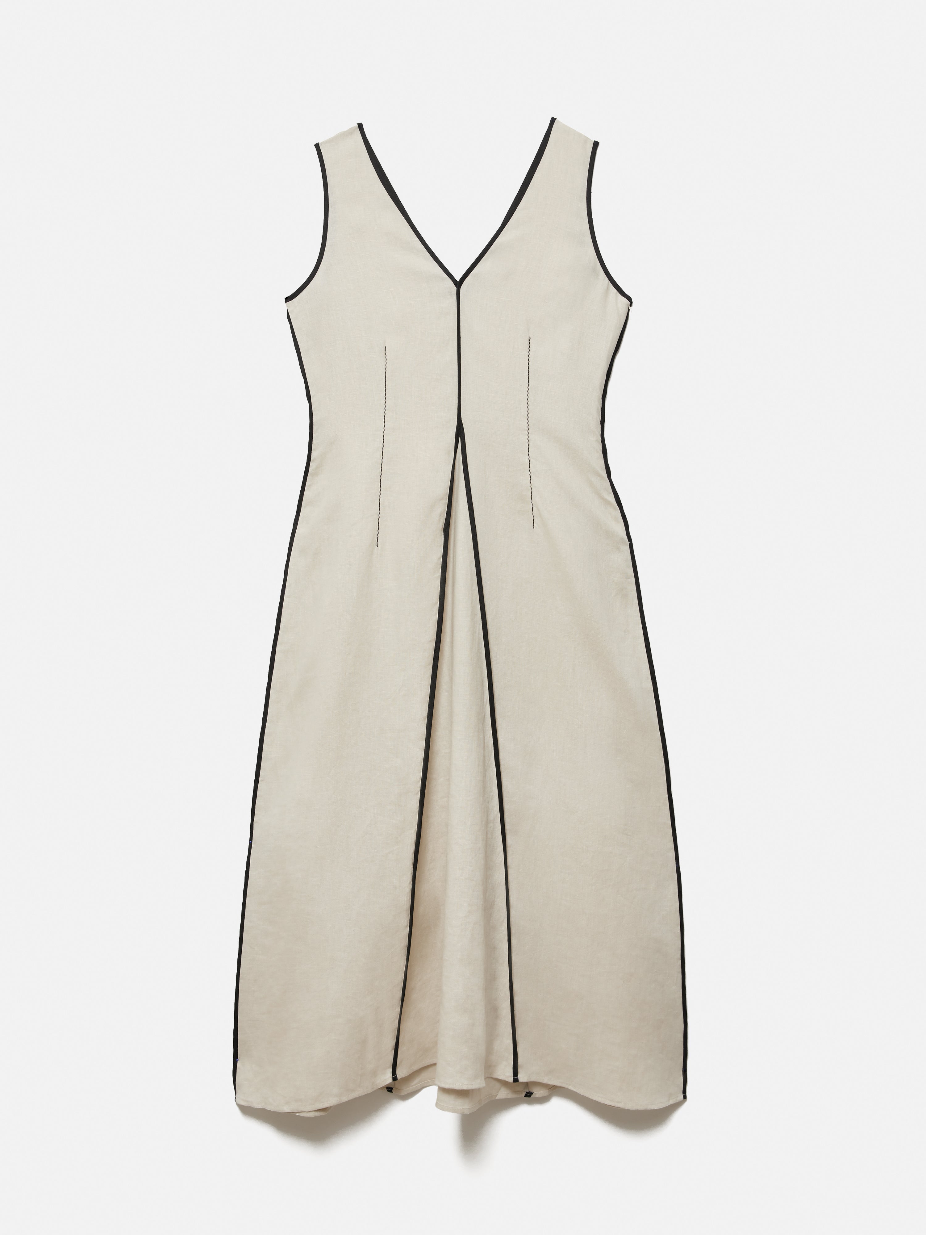 Linen Sleeveless Piped Dress for Women - Cream Summer Casual Dress | Perfect for Beach, Vacation & Outdoor Events