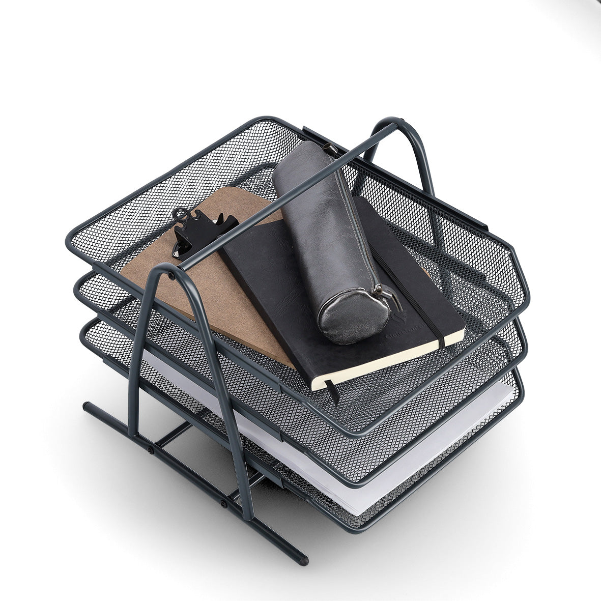 3-Tier File Organizer with Pull-Out Trays - Stackable Desktop Document Holder for Office, Home & School - Multiple Color Options (Black, White, Gray, Blue) - Perfect for Paperwork, Bills, Mail & Office Supplies Organization