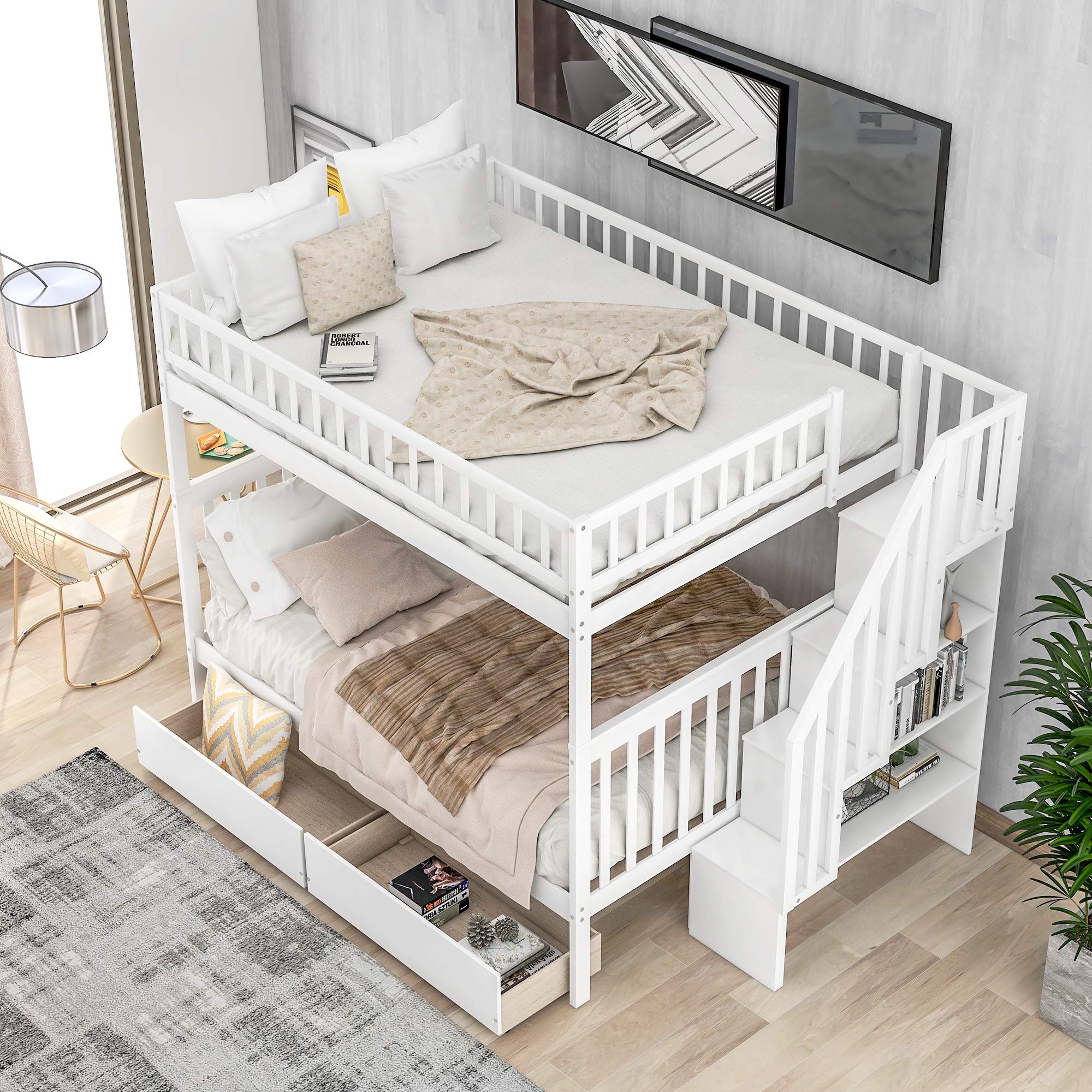 Solid Wood Full Over Full Bunk Bed with Stairway & Storage Drawers - White Twin Bunk Bed Frame with Guard Rail for Kids Bedroom, Dorm or Guest Room - Space Saving Solution for Small Rooms & Shared Spaces