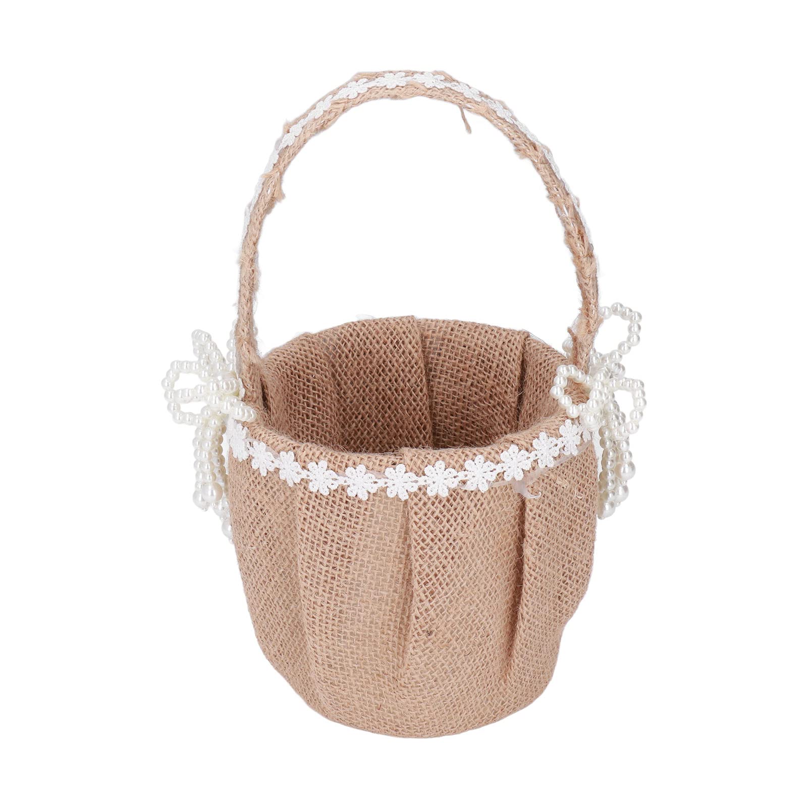 Vintage Burlap Wedding Ring Pillow Basket with Pearl, Lace & Ribbon - Elegant Floral Design for Ceremony, Portable Bowknot Decoration - Perfect for Wedding Aisle, Bridal Shower & Vow Renewals