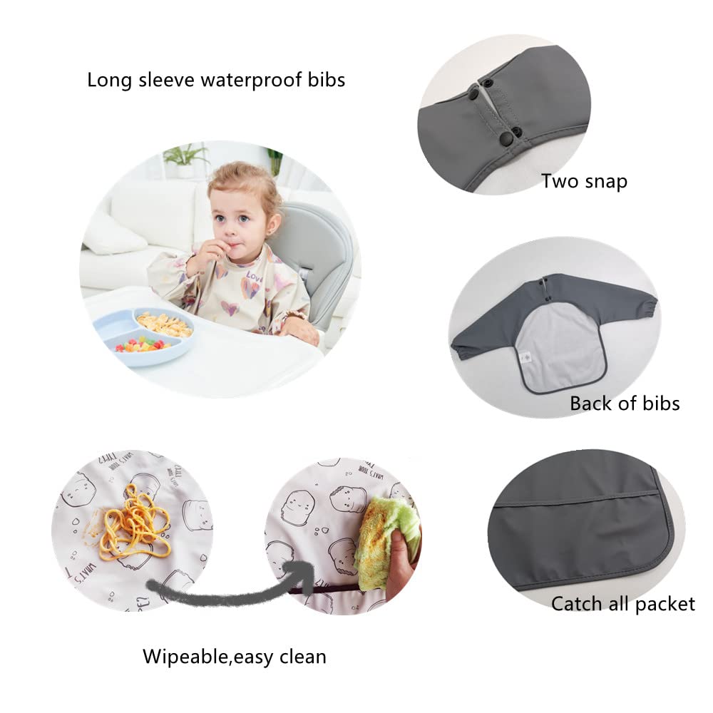 Waterproof Baby Bibs with Long Sleeves & Food Catcher - Washable & Easy Clean Feeding Bib for Infants & Toddlers - Perfect for Messy Meals, Baby Led Weaning & On-the-Go Feeding