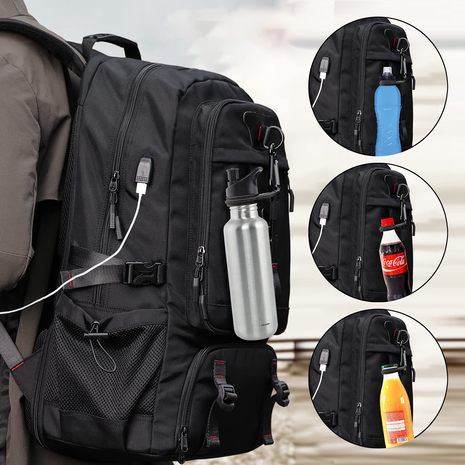 Focenat 6-Pack Silicone Water Bottle Buckle - Portable Hanging Hook with Carabiner Clip for Hiking, Camping, Travel & Outdoor Activities - Durable Black Bottle Carrier Holder for Backpacks, Bikes & Gear