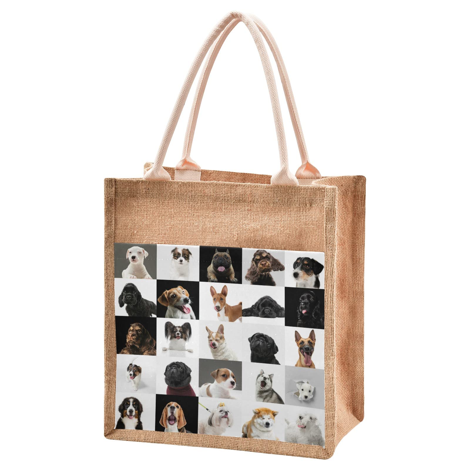 Eco-Friendly Jute Tote Bag with Zipper & Front Canvas Pocket - Reusable Dog Breed Design Shopping Bag (13x14 Inch) - Perfect for Groceries, Travel & Beach