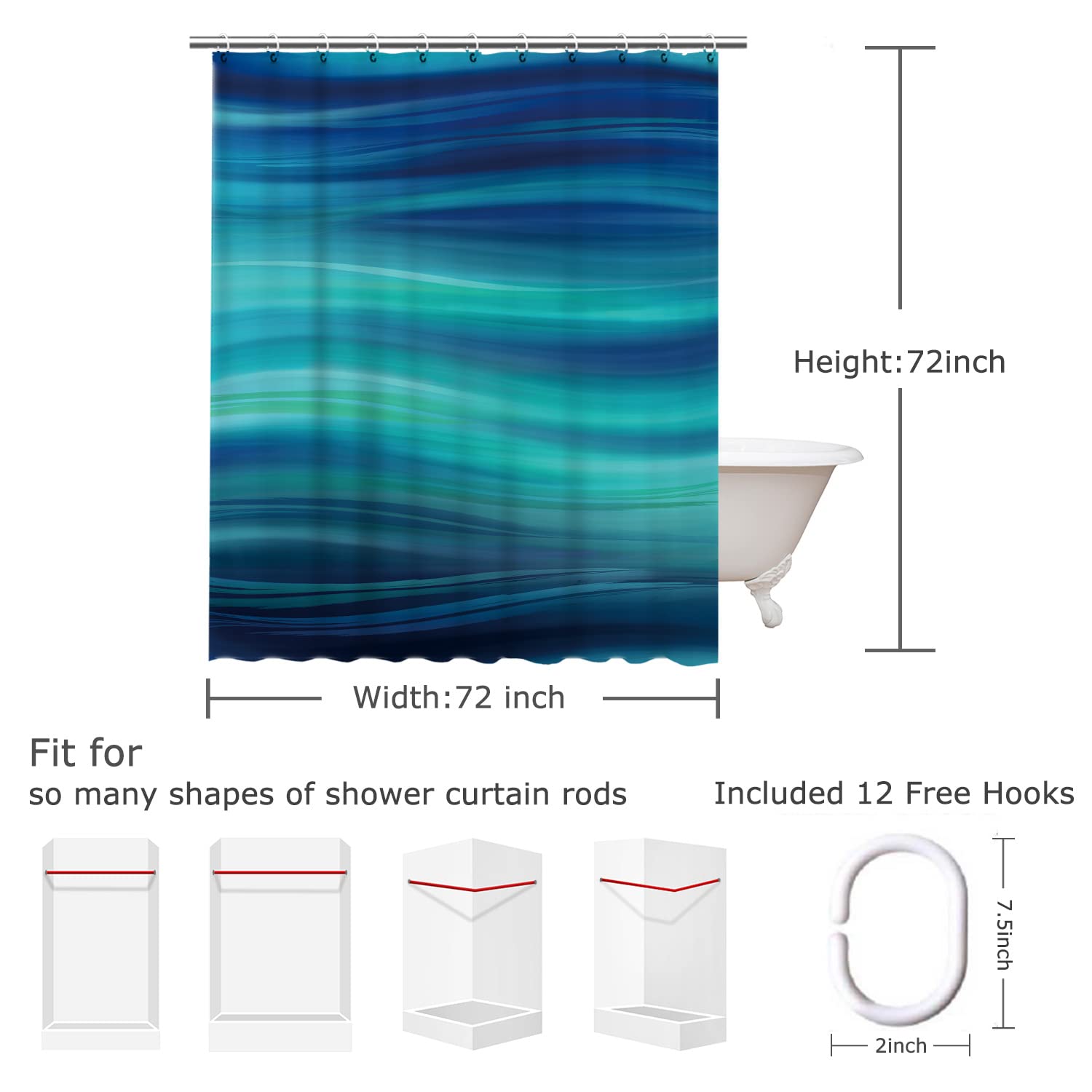 RosieLily Blue Marble Abstract Shower Curtain Set - Waterproof Bathroom Decor with 12 Hooks, 72x72 Inches (Teal & Navy Ombre Stripes) - Perfect for Modern, Coastal, or Boho Style Bathrooms
