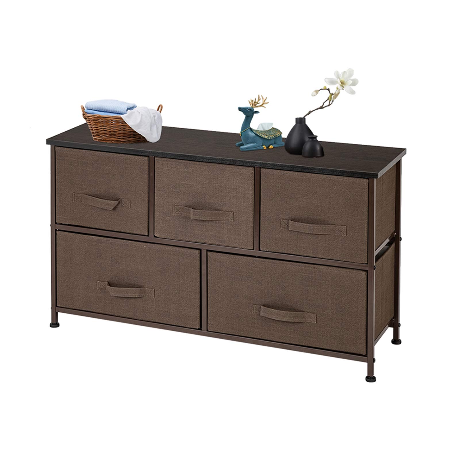 5-Drawer Fabric Dresser Organizer - 2-Tier Wide Storage Tower for Closet, Bedroom & Dorm | Space-Saving Multi-Use Organizer Unit for Living Room & Hallway (Brown) | Perfect for Small Spaces & Home Organization