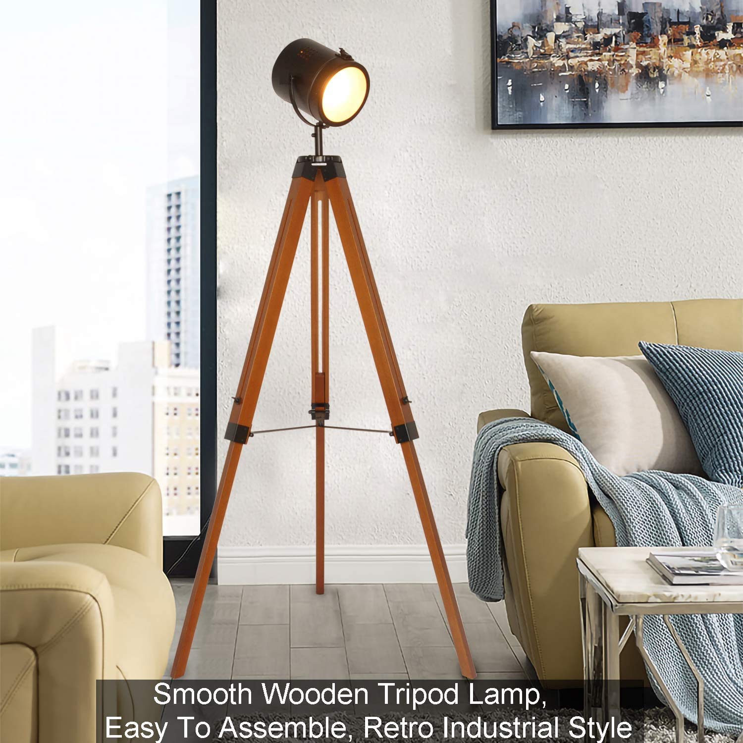 Farmhouse Tripod Floor Lamp - Industrial Adjustable Standing Light with Wooden Legs & Black Metal Spotlight, E26 Fixture for Living Room, Bedroom, Office - Perfect for Reading, Relaxing & Modern Home Decor