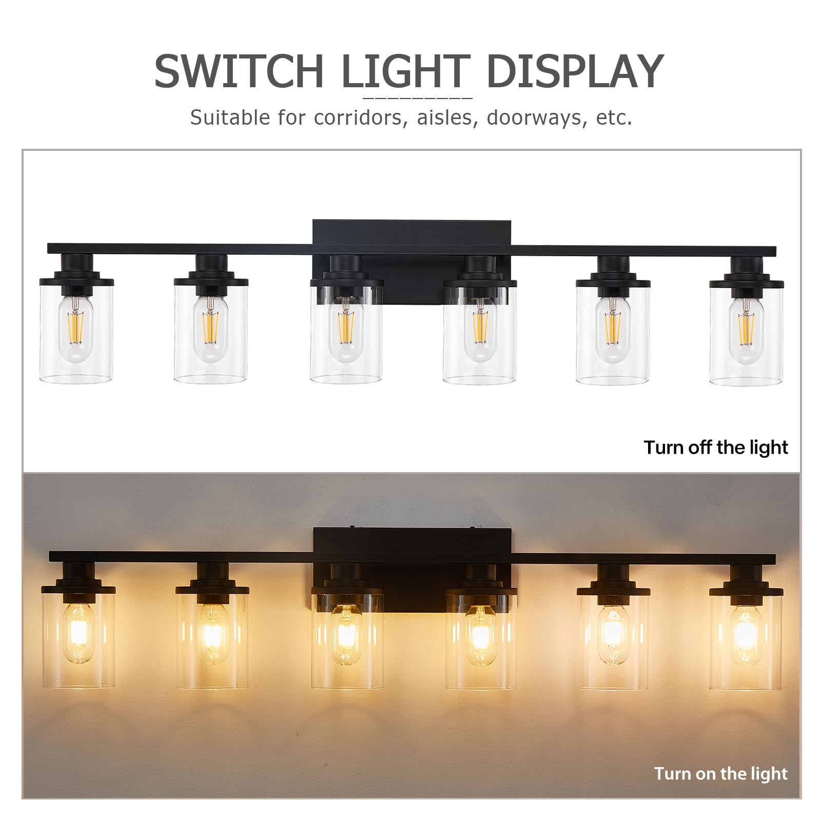 Stambord 6-Light Matte Black Bathroom Vanity Light Fixture with Clear Glass Shade & Metal Base - Modern Black Vanity Lighting for Bathroom Mirror - Perfect for Bathroom, Powder Room, and Dressing Room Makeup Area
